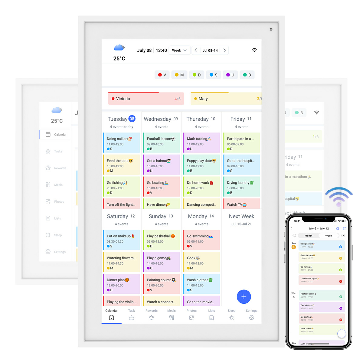 Un teléfono y dos tabletas muestran un calendario con actividades diarias, incluidas citas y recordatorios.