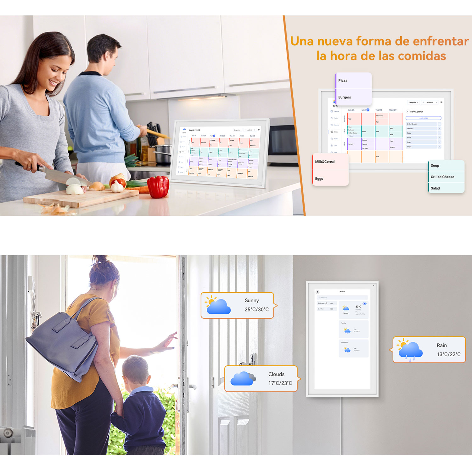 Una pareja en una cocina y una mujer con un niño en una puerta aparecen. Una tableta muestra el tiempo y un plan de comidas.