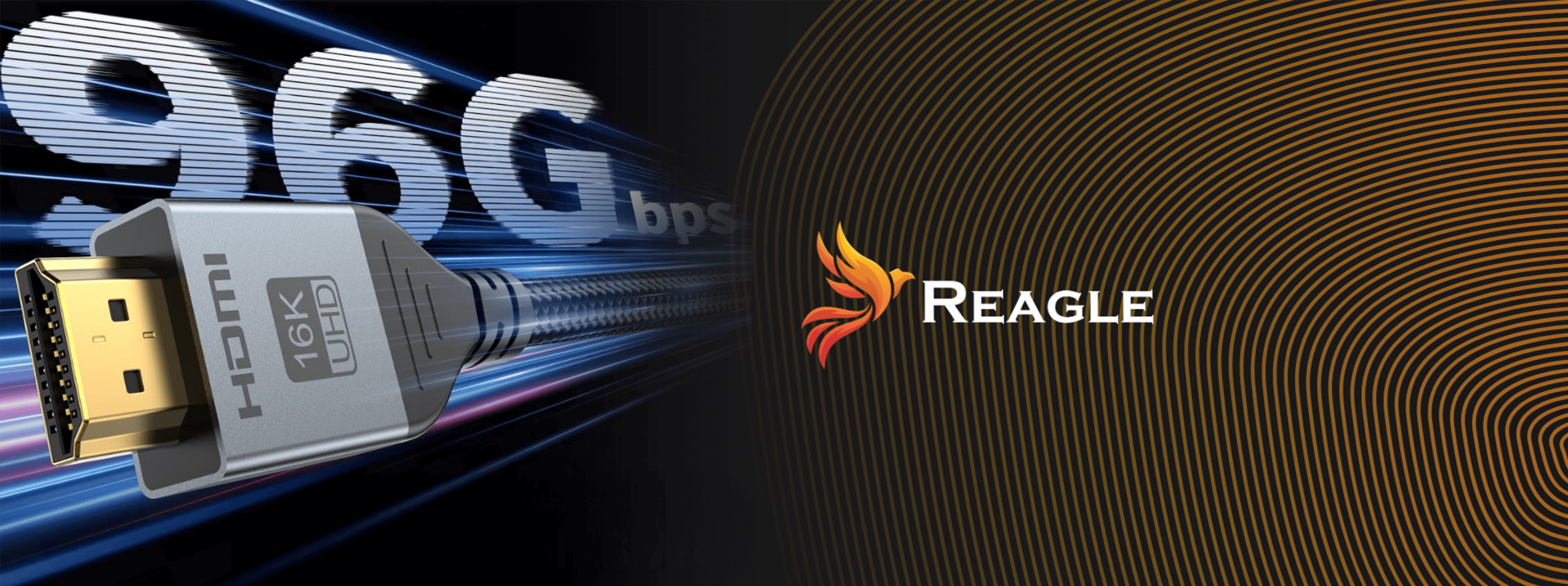 Kabel HDMI z tekstem '96G bps', logo marki i abstrakcyjne tło z falistymi liniami.