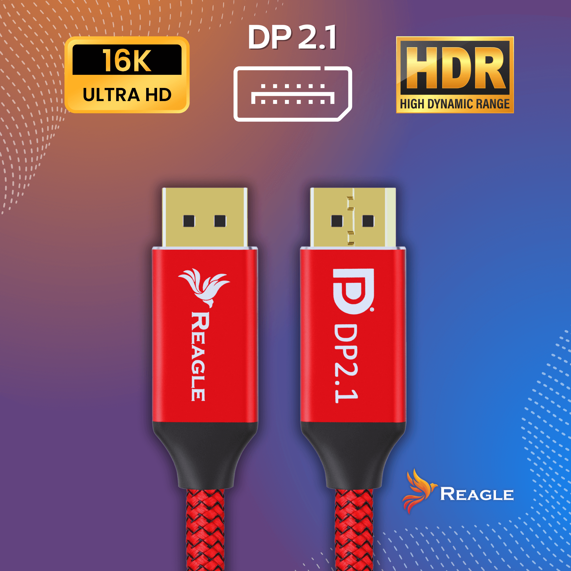 Obraz pokazuje dwa czerwono-czarne kable ze złączami. Tekst wyświetla '16K Ultra HD', 'DP 2.1' i 'HDR'.
