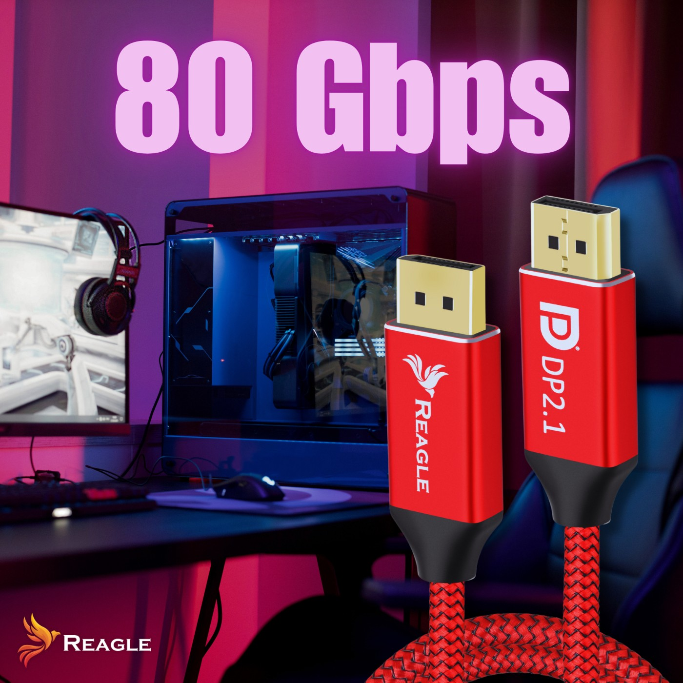 Obraz przedstawia czerwone kable Reagle DP2.1 ze złotymi złączami. Tło: konfiguracja komputera z monitorem, PC i słuchawkami.