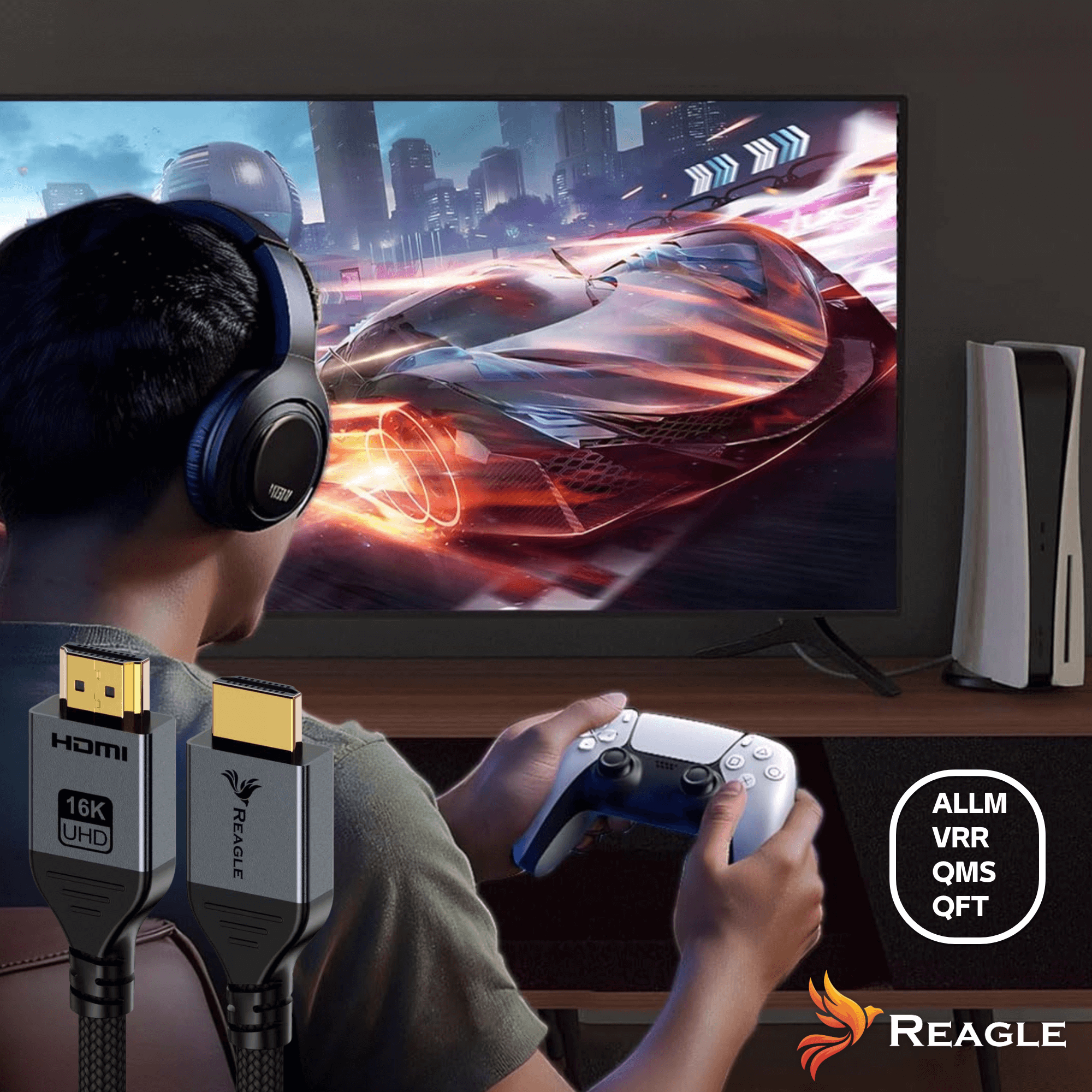 Osoba grająca w gry z słuchawkami, kontrolerem i kablami HDMI w centrum. Telewizor pokazuje futurystyczny wyścig samochodowy.