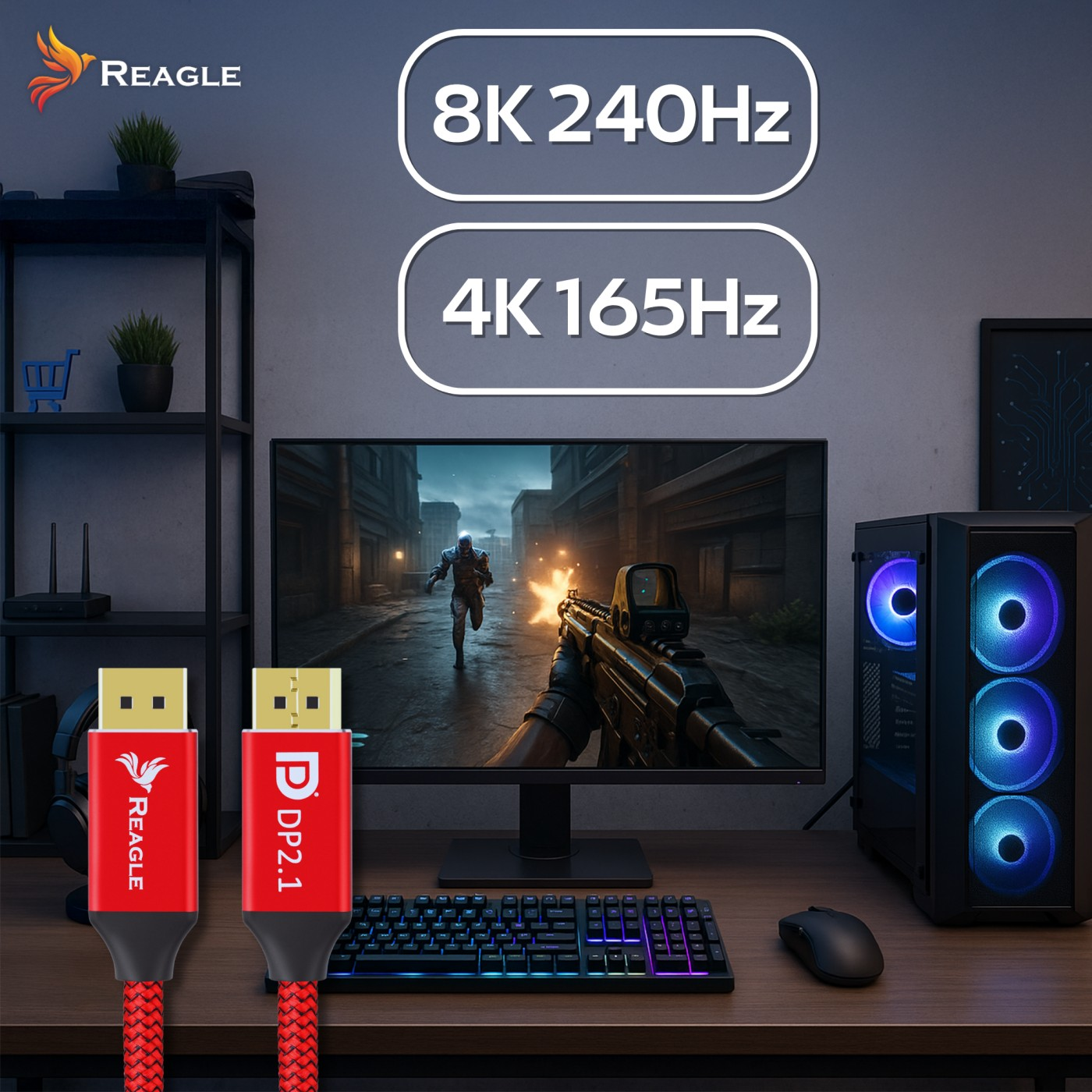 Konfiguracja biurka z monitorem wyświetlającym grę. Dwa czerwone kable na pierwszym planie. Wieża PC po prawej.