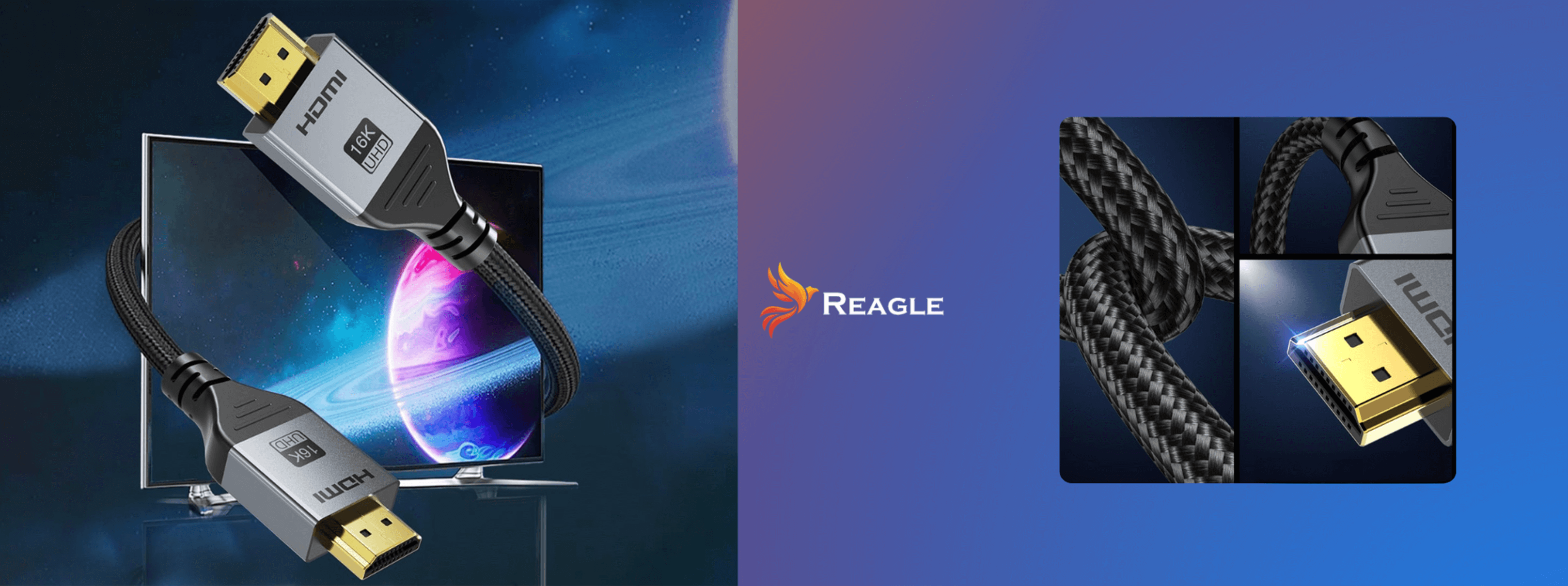 Kabel HDMI podłączony do TV z planetą. Szczegóły pokazują teksturę kabla i zbliżenia złączy.