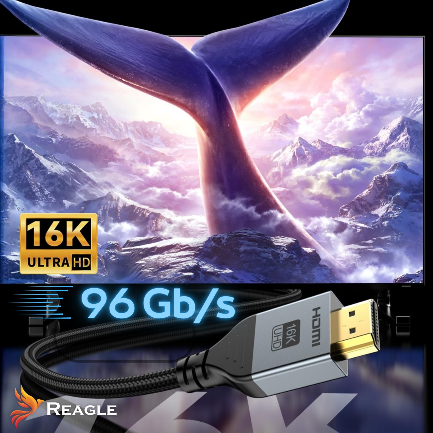 Kabel HDMI z etykietą 16K Ultra HD. Ekran pokazuje ogon wieloryba z górskim tłem.
