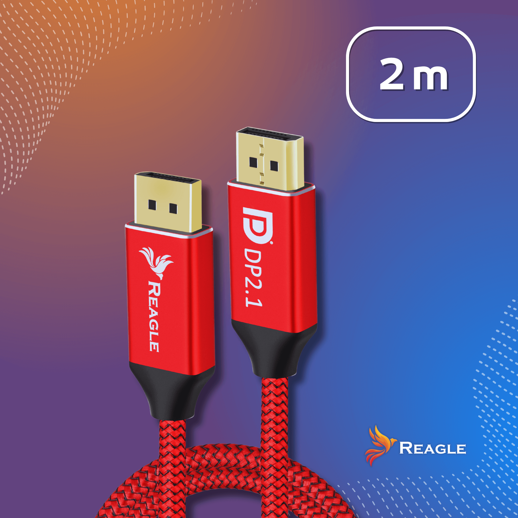Dwa czerwone kable Reagle DP2.1 ze złotymi złączami na tle gradientu, widoczny znak 2 m.