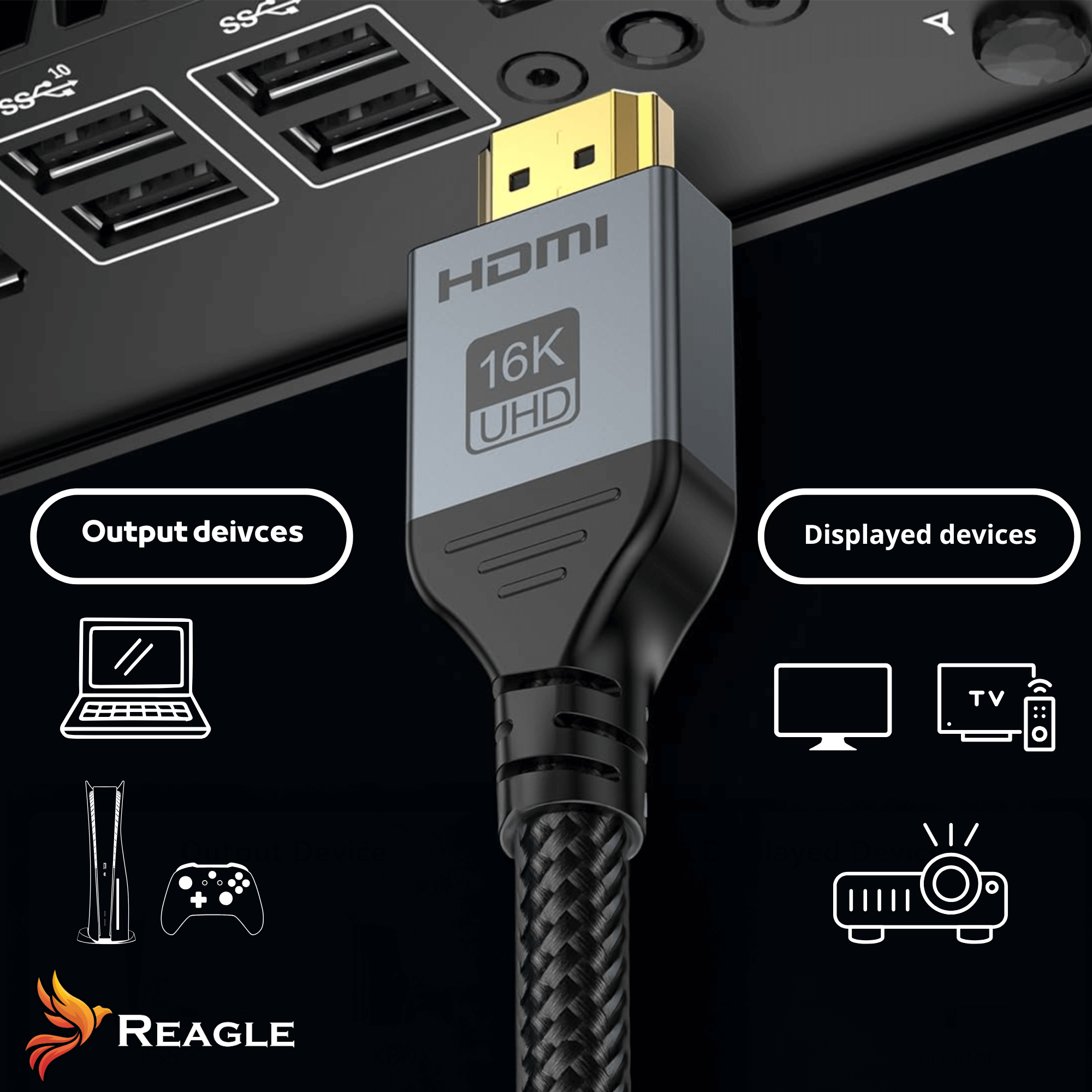 Kabel HDMI podłączony do urządzenia. Pokazuje ikony urządzeń, takich jak laptop, konsola, telewizor i projektor.