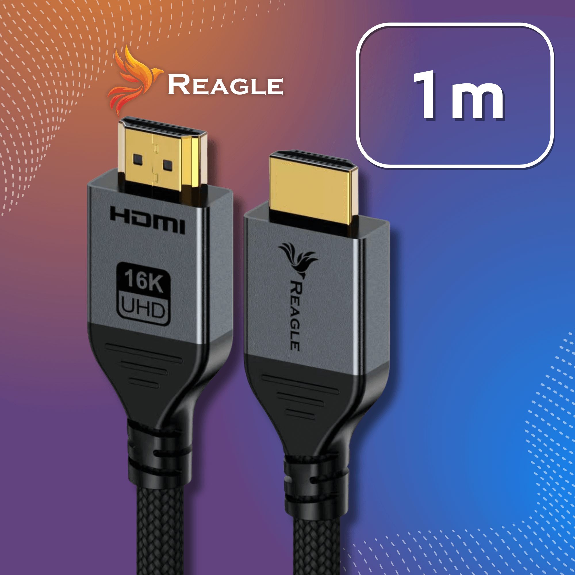 Dwa kable HDMI. Wskazana długość jednego metra. Widoczne logo Reagle. 16K UHD. Pozłacane złącza.