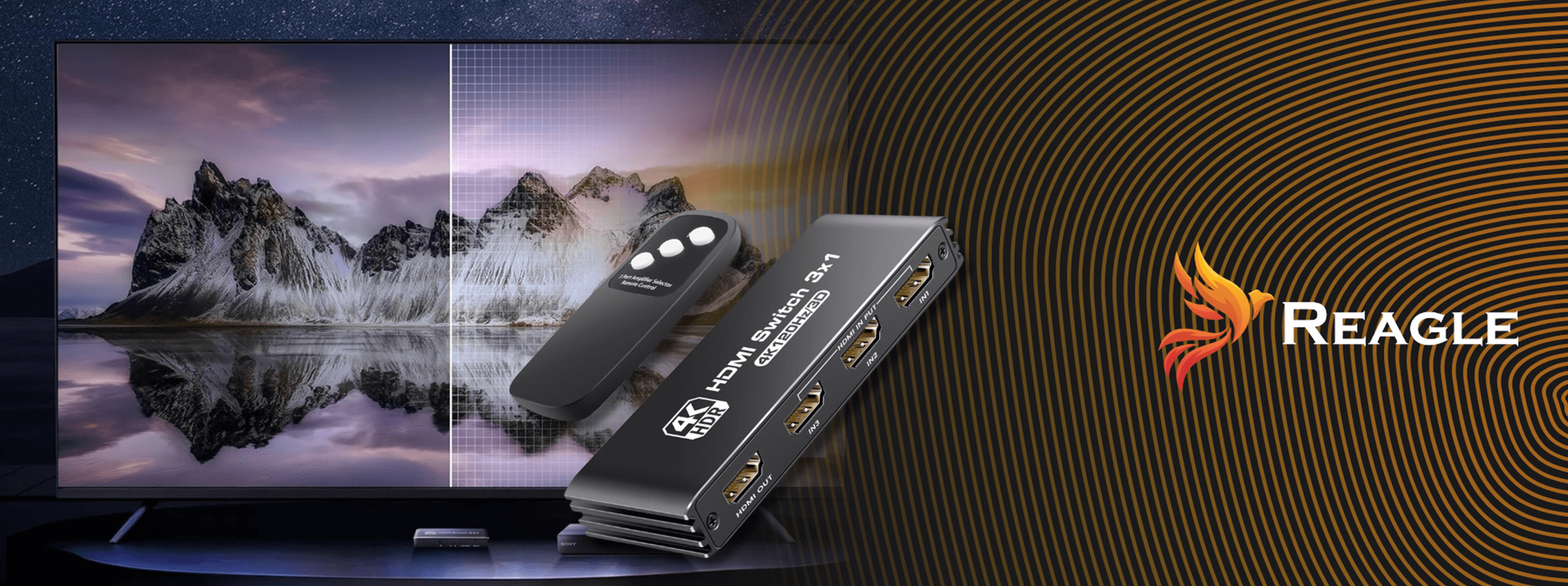 Przełącznik HDMI z pilotem, telewizor pokazujący góry i logo ptaka.