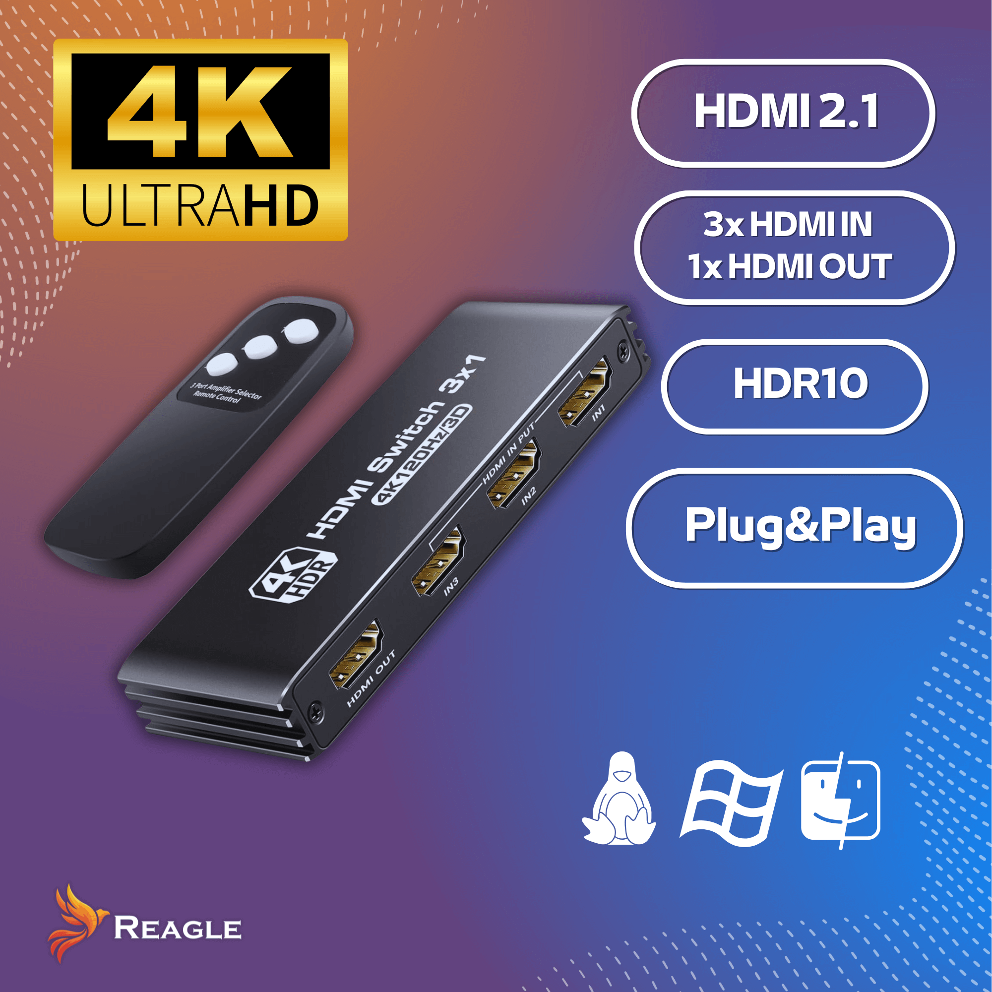 Czarny przełącznik HDMI z pilotem, 4K Ultra HD. Cechy: HDMI 2.1, 3 wejścia/1 wyjście, HDR10 i Plug&Play. Logo Reagle.