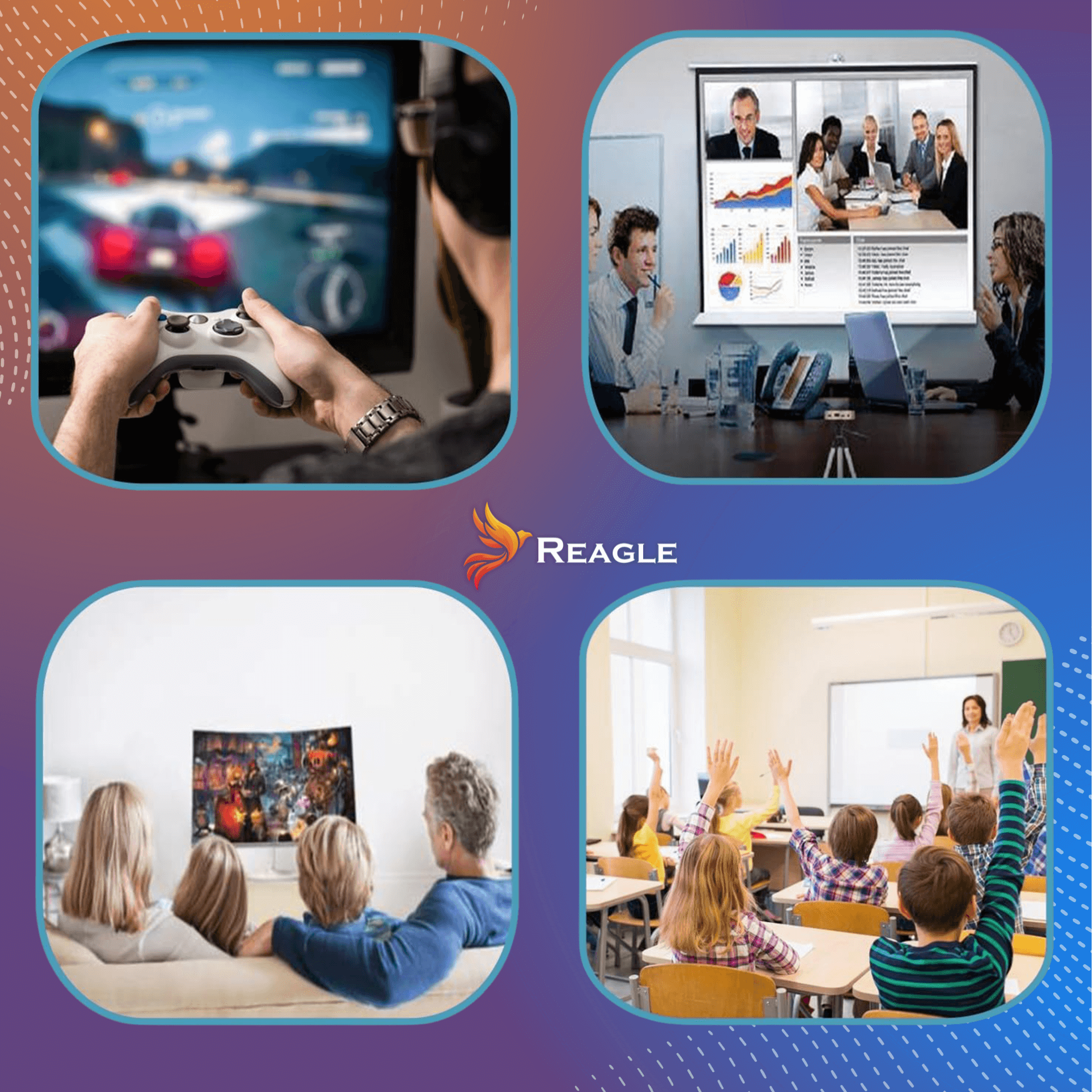 Obraz przedstawia sceny z gier, spotkań biznesowych, rodziny oglądającej telewizję i klasy. Każda scena jest w innym kwadrancie.