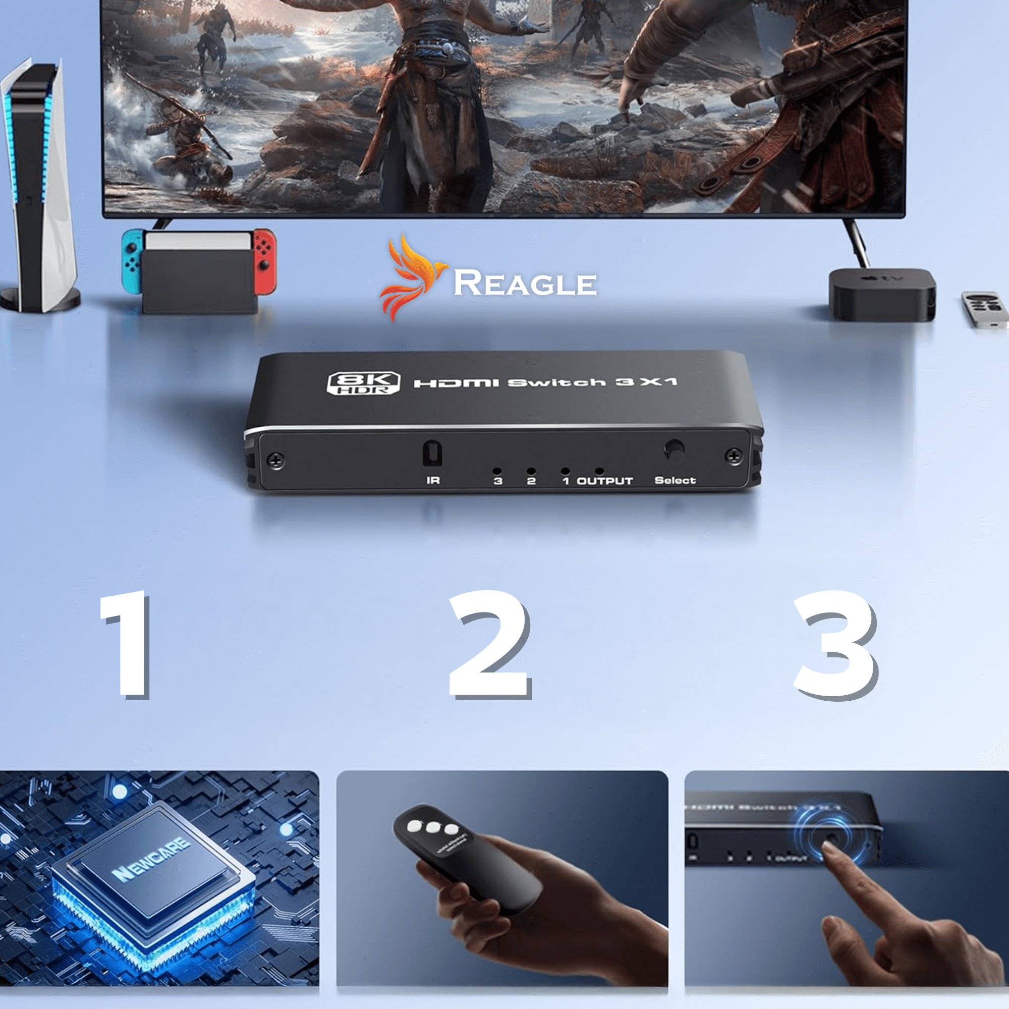 Obraz przedstawia konfigurację do gier z telewizorem, konsolami i przełącznikiem HDMI. Dodatkowe obrazy pokazują chip, pilota i dłoń dotykającą przełącznika.