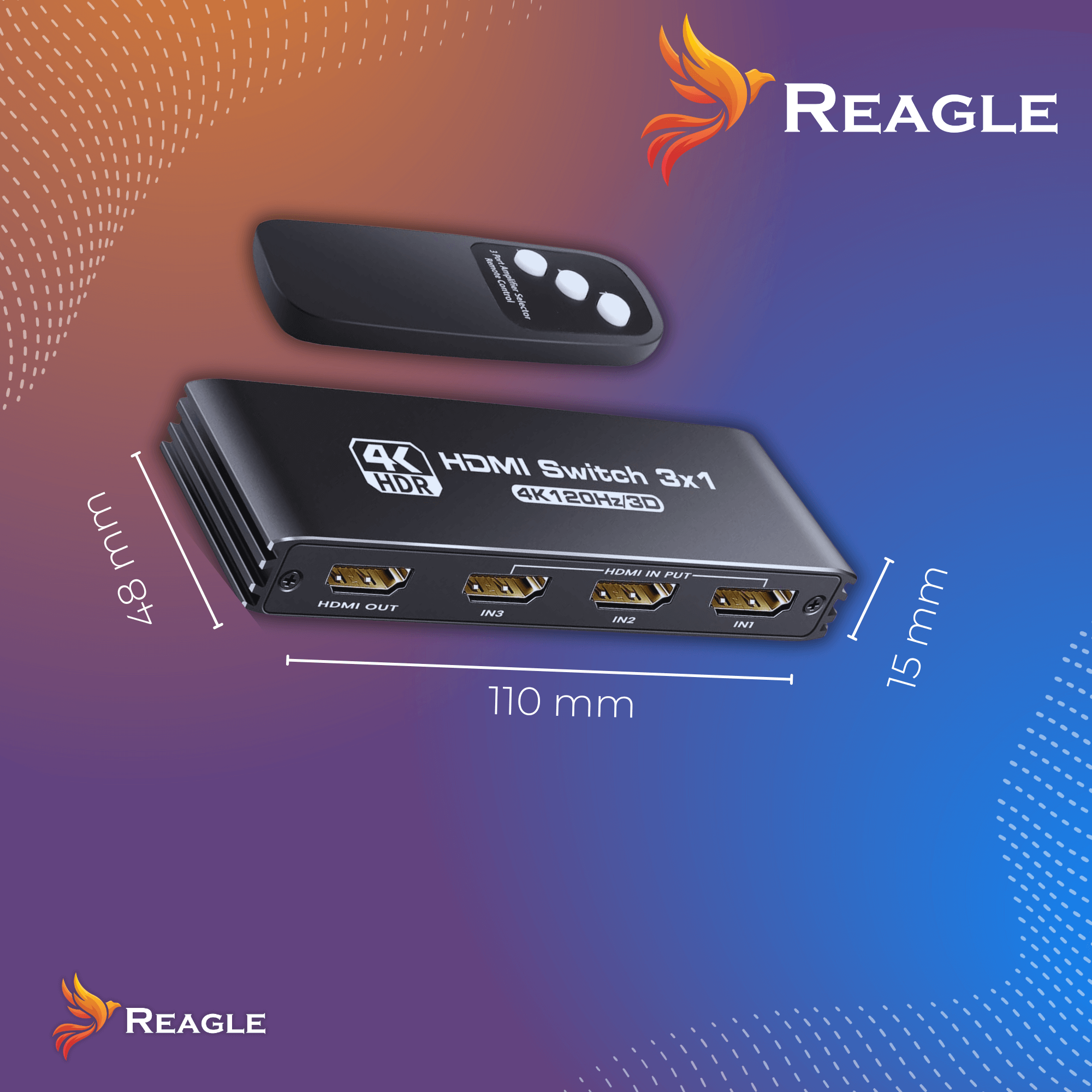 Czarny przełącznik HDMI i pilot. Wyświetlane wymiary. Logo Reagle w prawym górnym i lewym dolnym rogu.