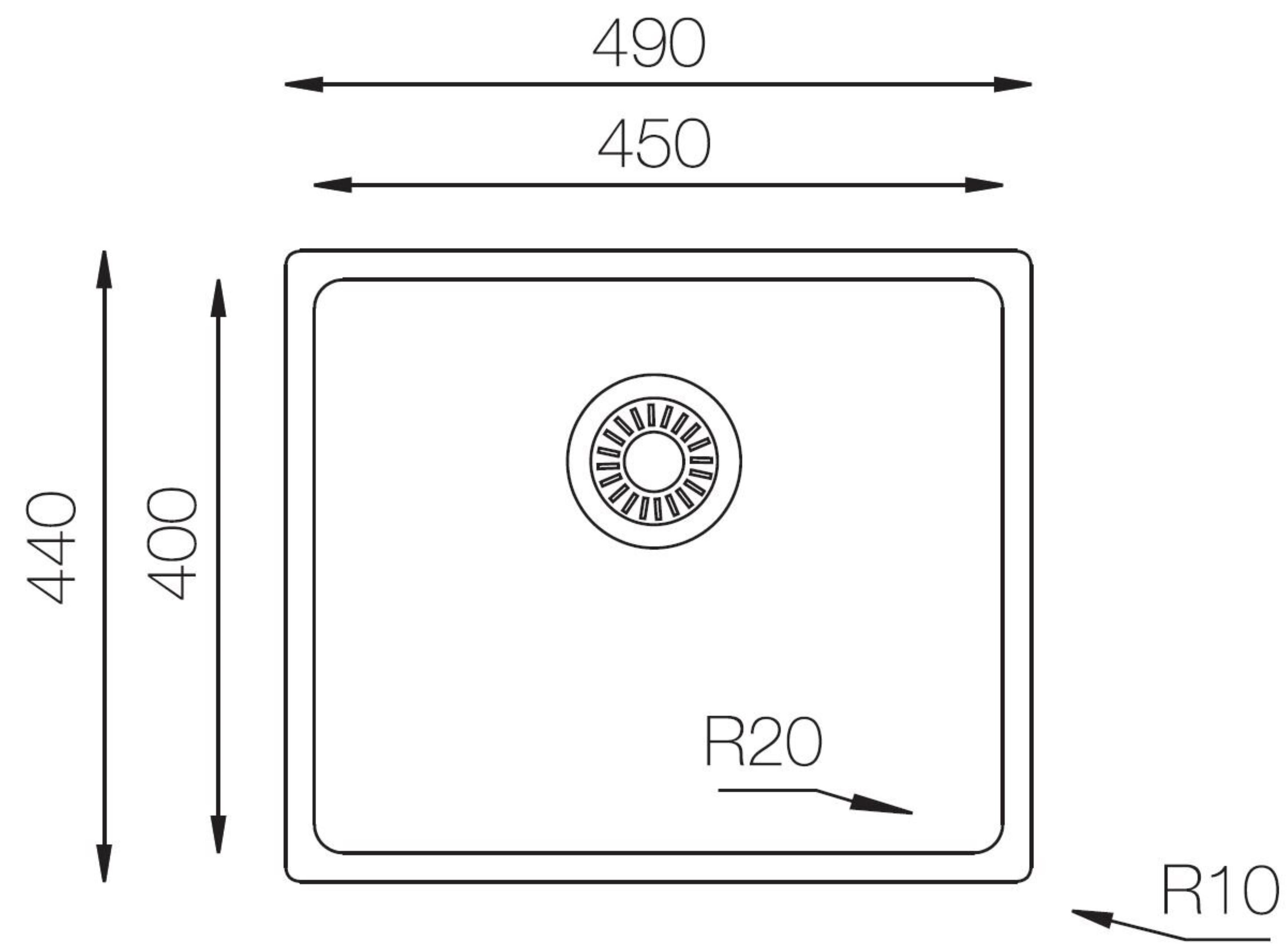 Diagramma di un lavandino. Le dimensioni sono indicate: 490, 450, 440 e 400. Include le etichette R20 e R10.