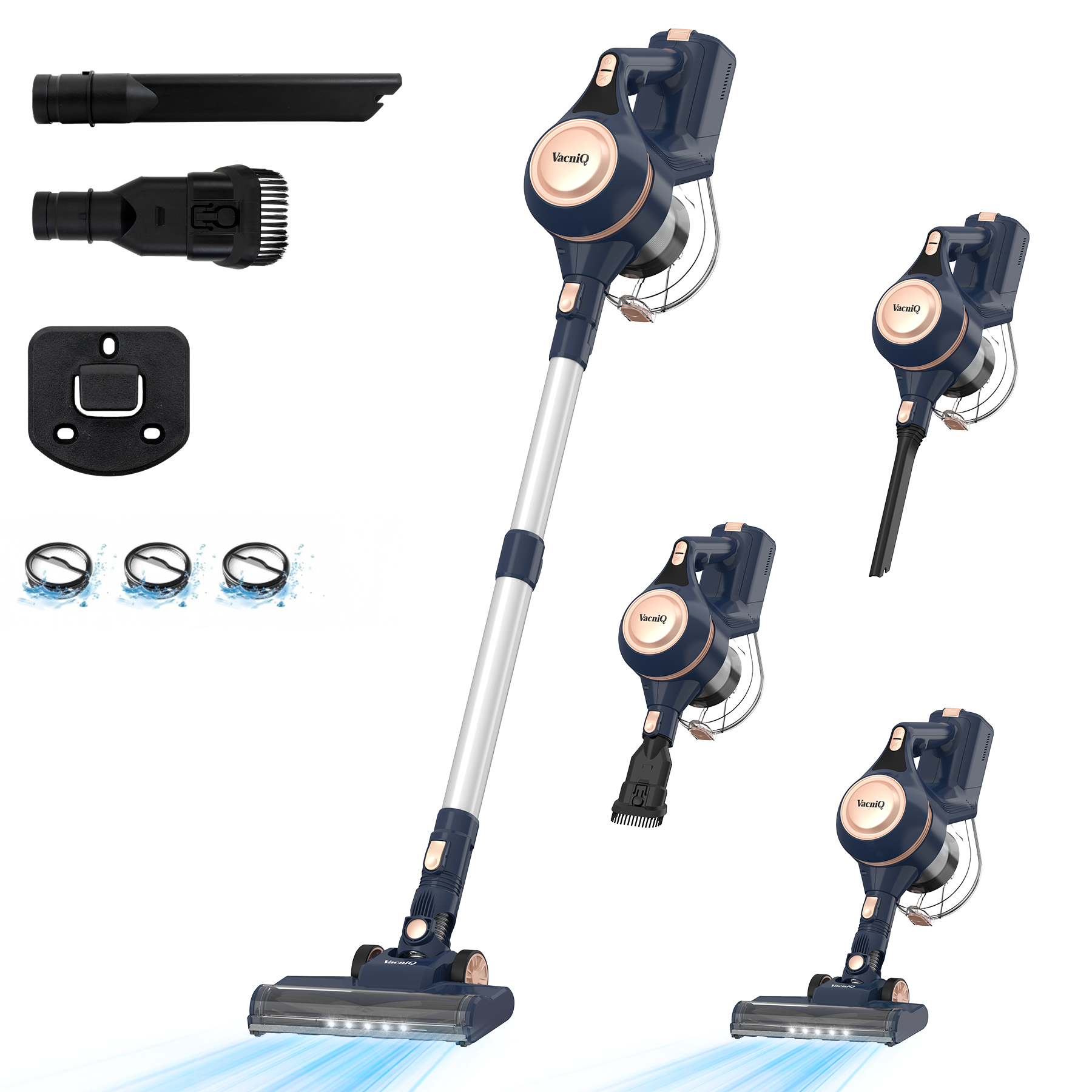 Obraz przedstawia granatowo-różowo-złoty odkurzacz VacniQ z akcesoriami. Wiele kątów jest pokazanych na białym tle.