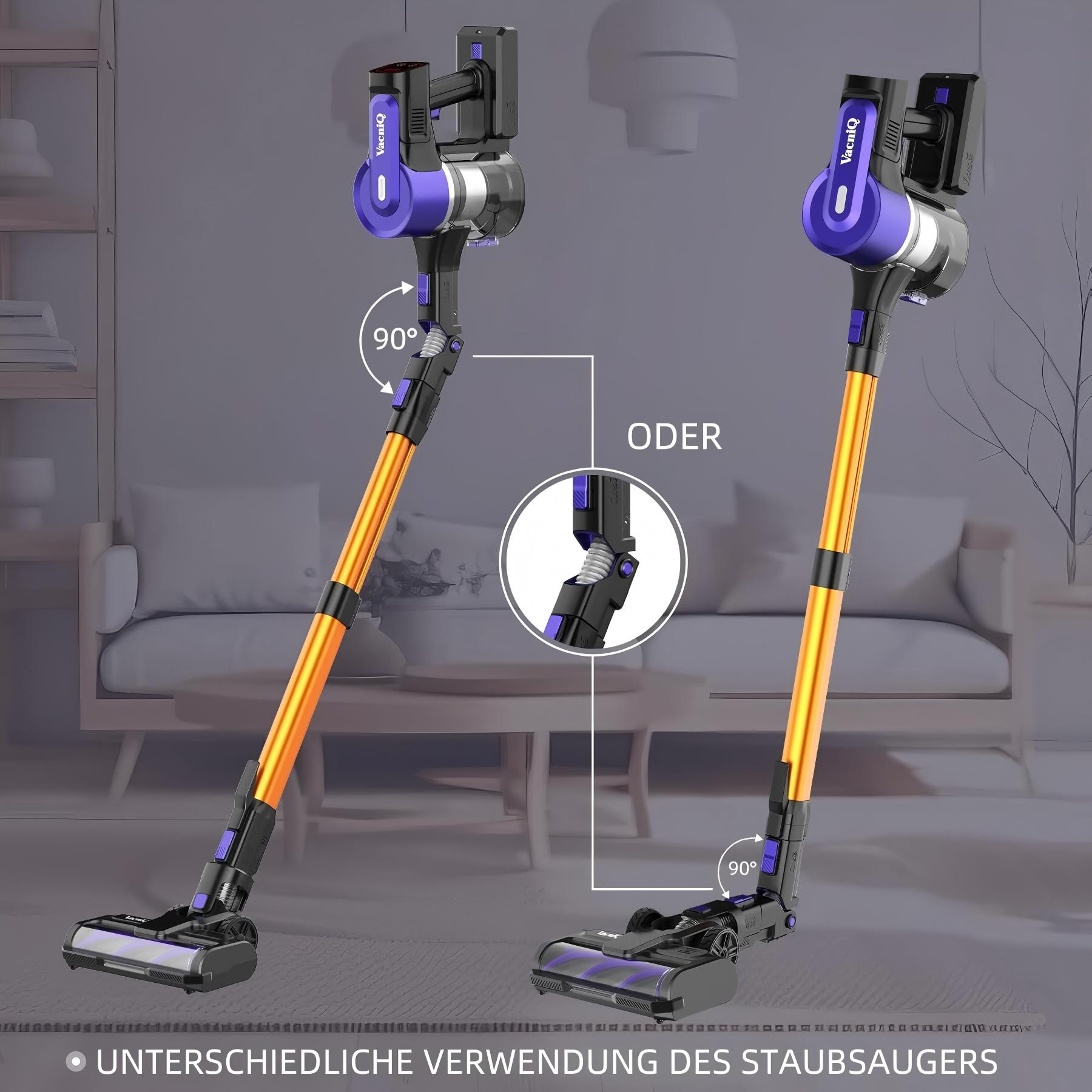 L'image montre deux aspirateurs Vacniq. L'un est incliné à 90 degrés. Le texte dit 'ODER' et 'UNTERSCHIEDLICHE VERWENDUNG DES STAUBSAUGERS'.