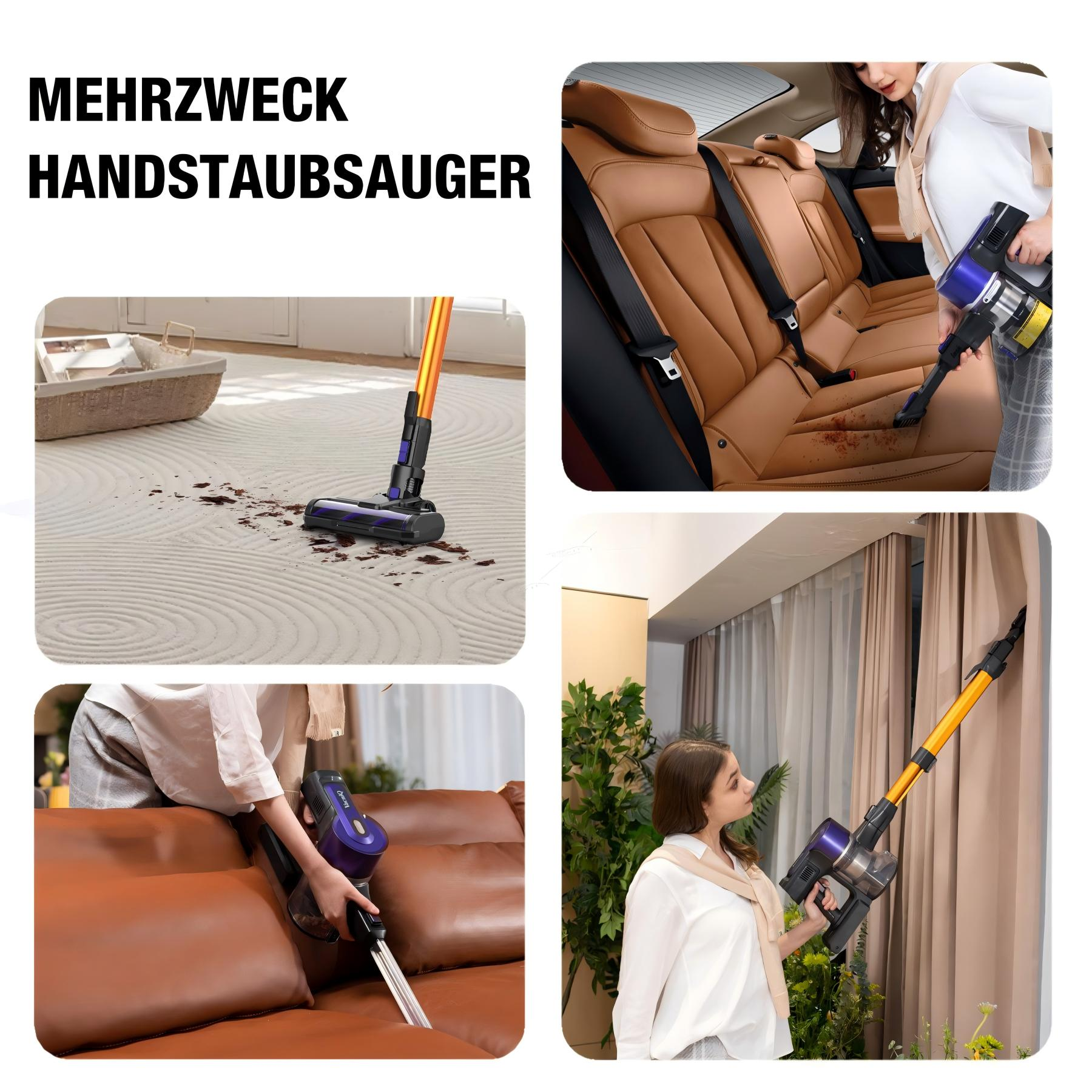 Un aspirateur à main est utilisé sur un tapis, des sièges de voiture et un canapé. Une femme aspire un rideau. L'aspirateur est violet et orange.