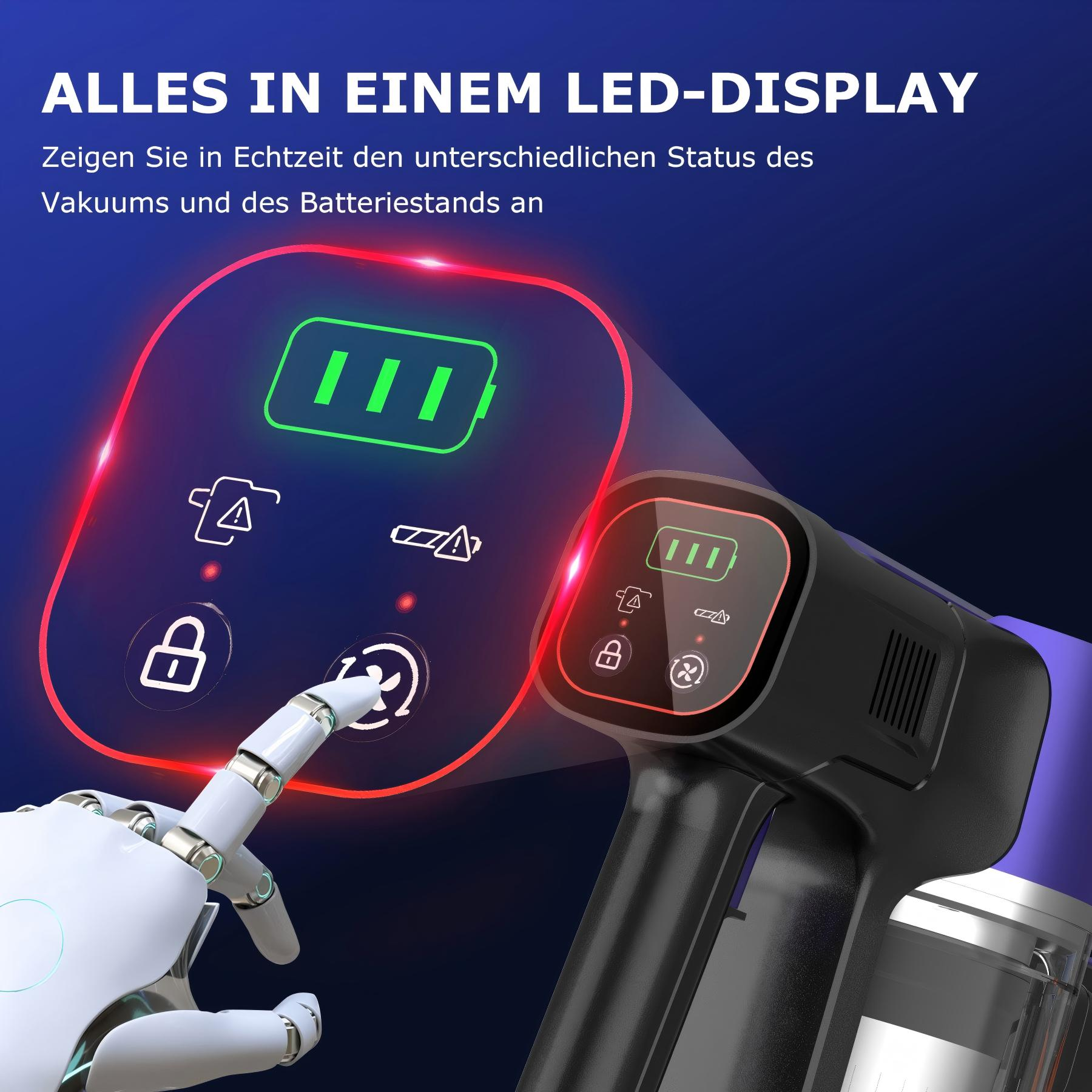 Une main robotique pointe l'écran LED d'un aspirateur. L'écran affiche des icônes d'état de batterie et de vide.