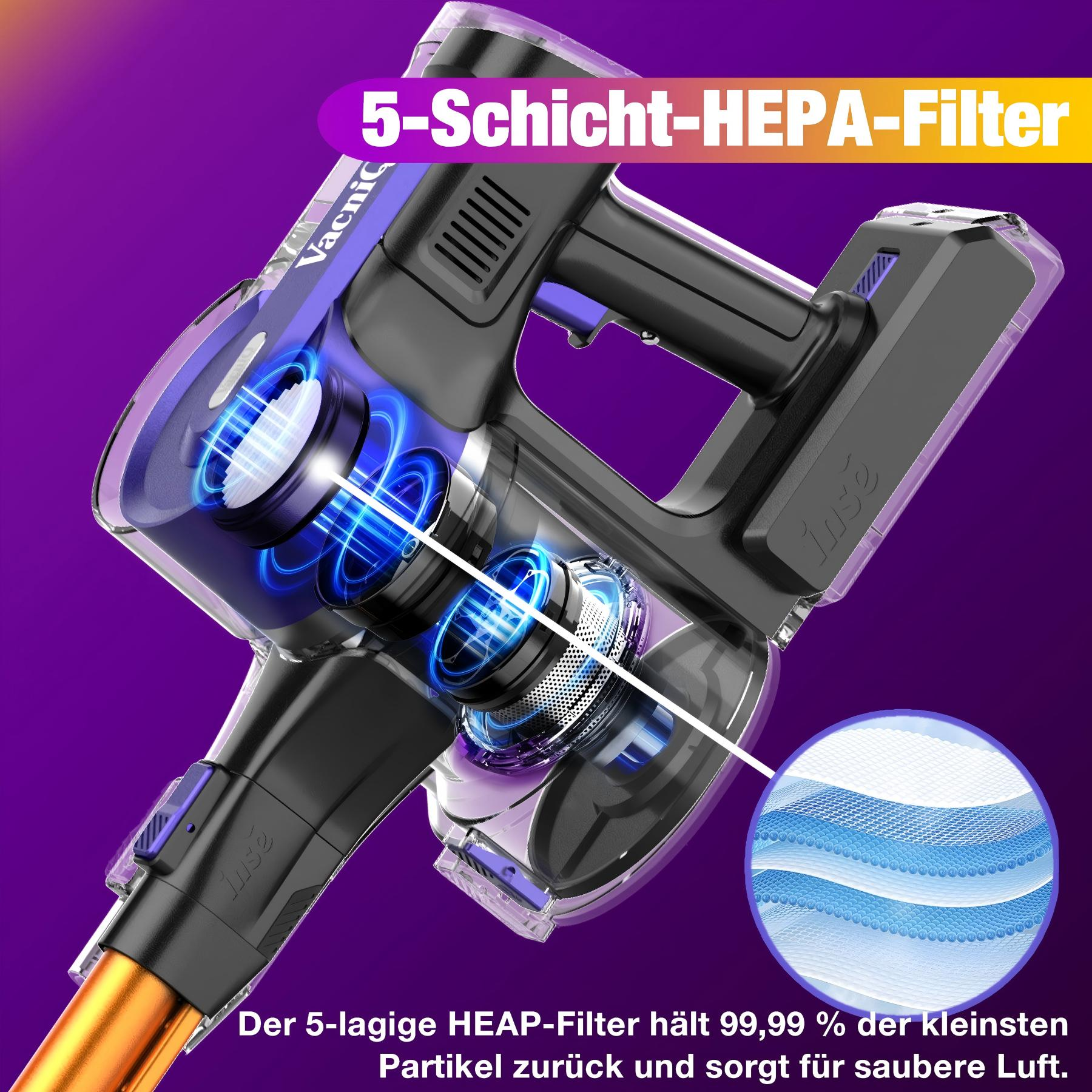 Aspirateur sans fil avec filtre HEPA 5 couches. Design transparent montre composants internes et détails du filtre.