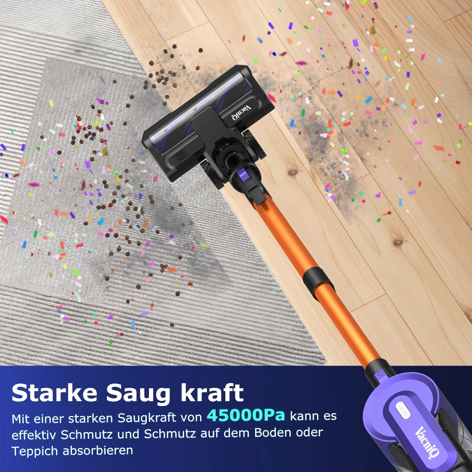 Un aspirateur VacniQ orange et noir nettoyant un sol avec des confettis. Le texte sur l'image dit 'Starke Saug kraft'.