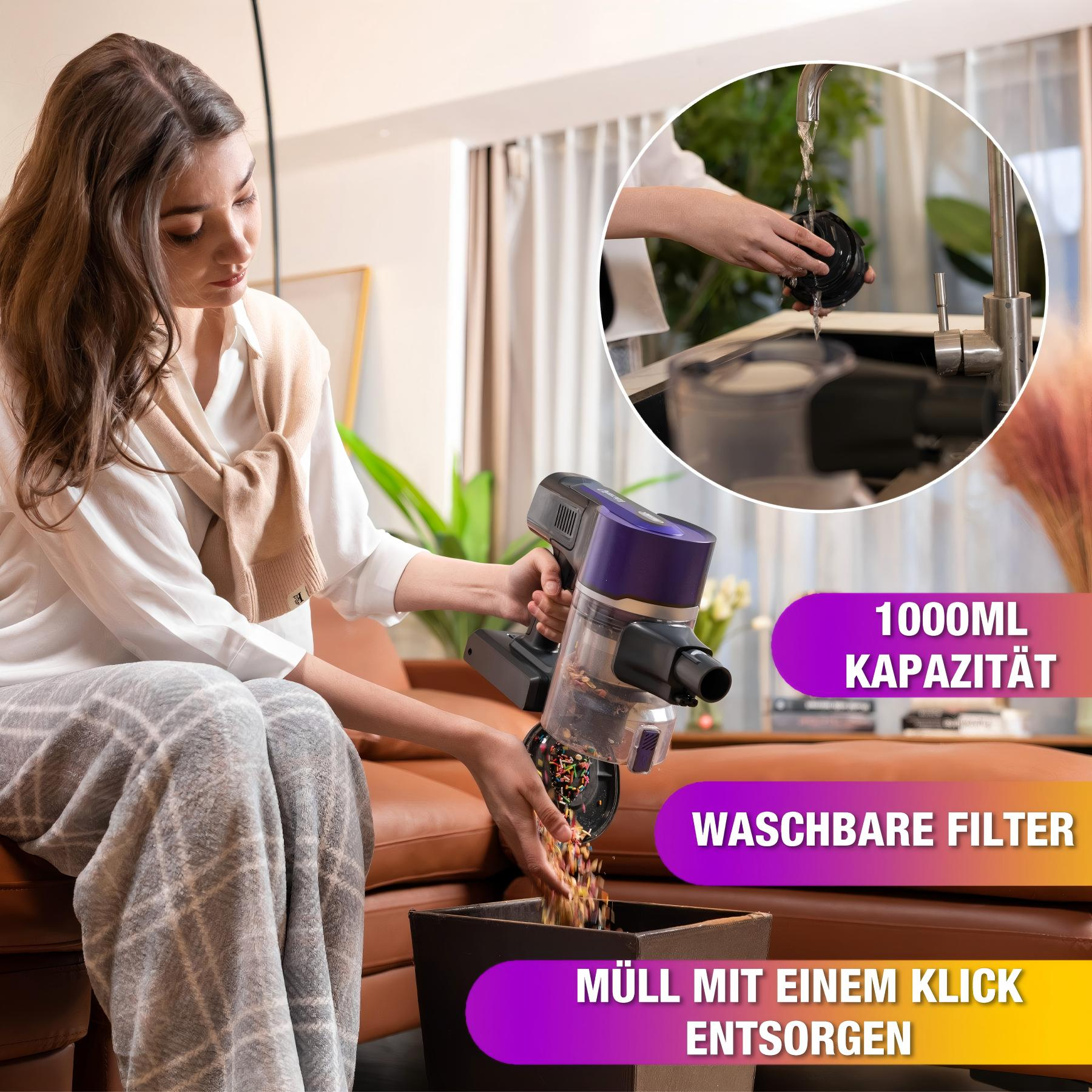 Une femme utilise un aspirateur sans fil, le vidant dans une poubelle. Une image circulaire montre un robinet rinçant une pièce.