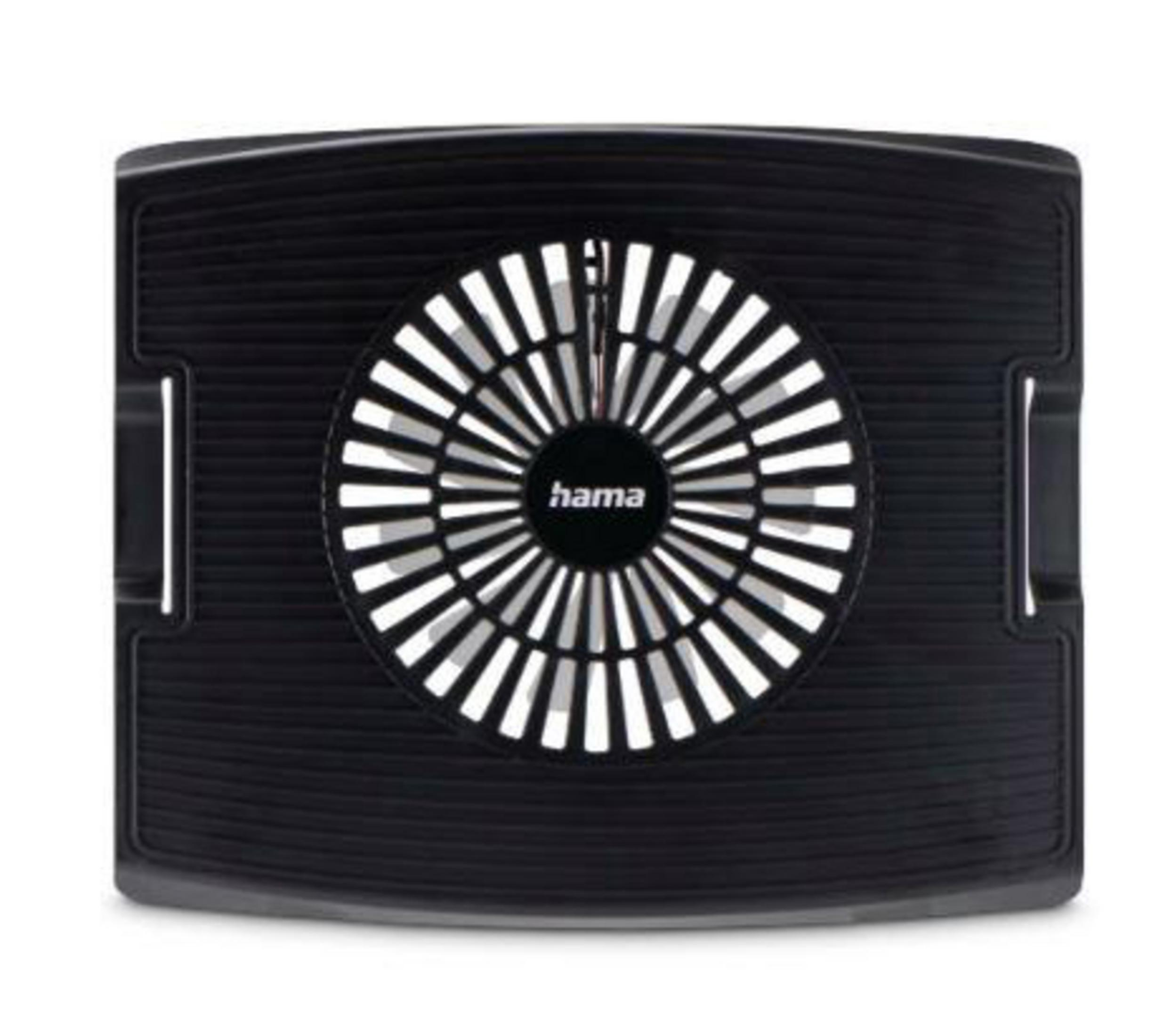 Czarna podkładka chłodząca do laptopa z wentylatorem. Środek ma okrągły wentylator z czarno-białym wzorem i logo Hama.