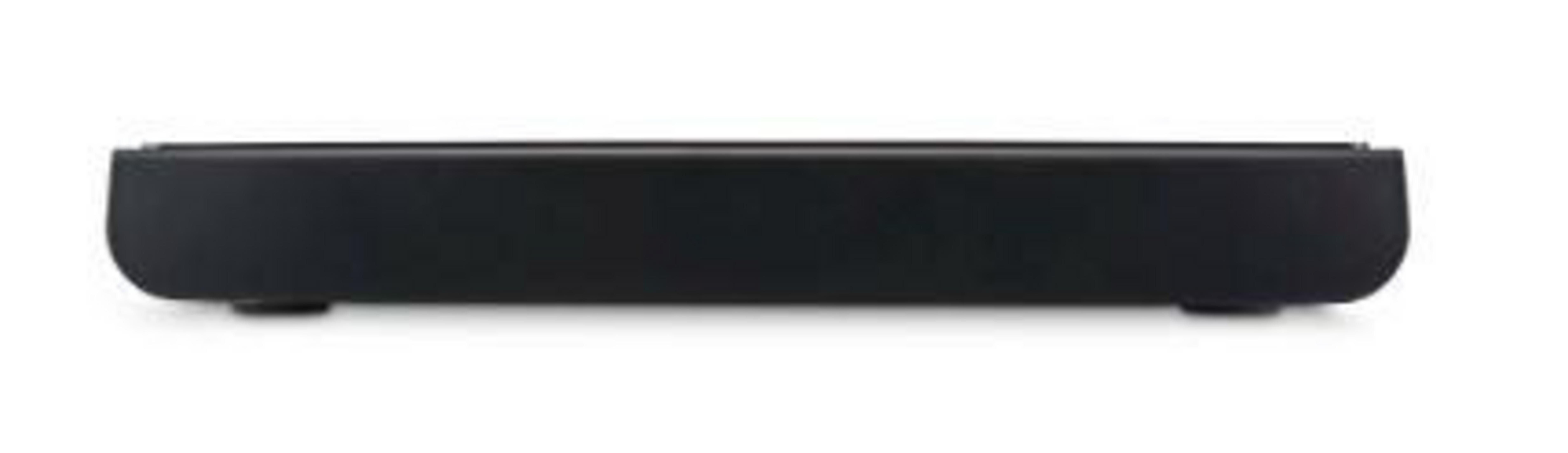 Czarny prostokątny soundbar na białym tle. Ma zaokrąglone krawędzie i małe nóżki.