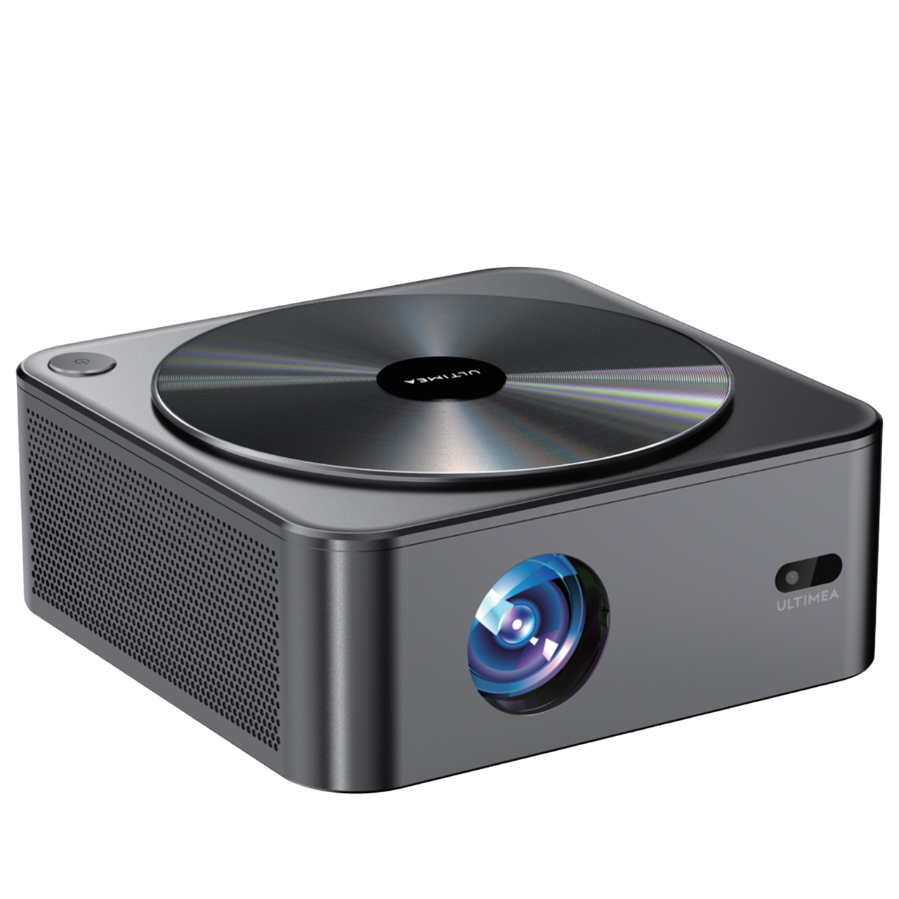 Ein grauer Projektor mit Linse, Ein/Aus-Taste und einer rotierenden Scheibe oben. Die Linse strahlt blaues Licht aus. Der Hintergrund ist schwarz.