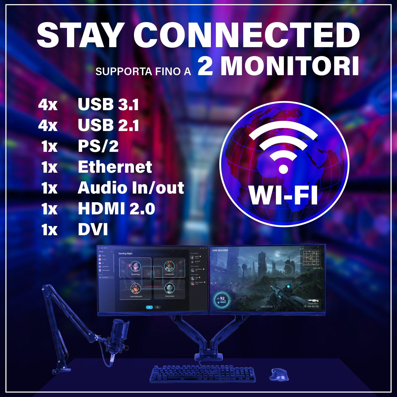 L'immagine mostra un'impostazione con due monitor, simbolo Wi-Fi e porte di connessione. Scena di gioco sugli schermi.