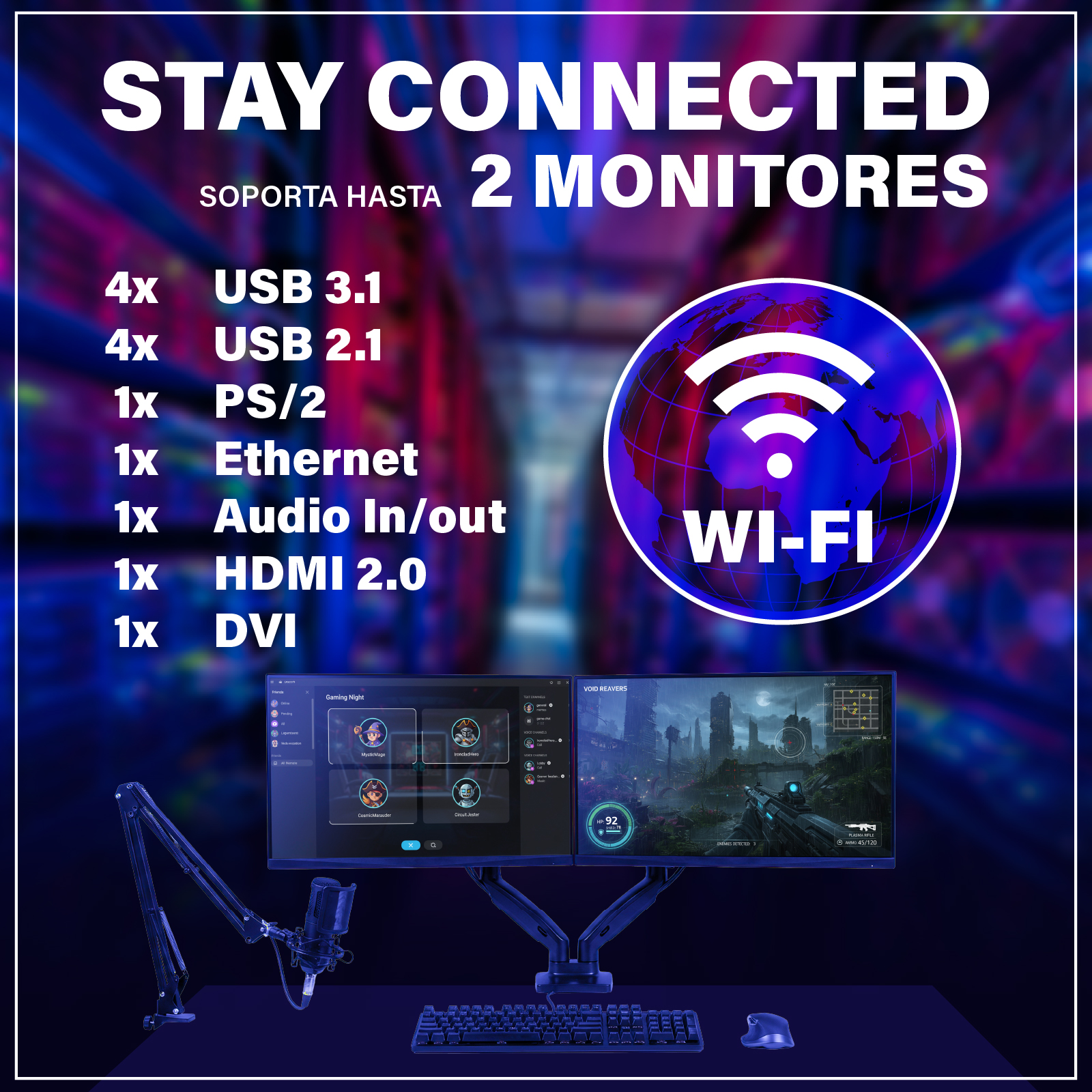 Imagen muestra una configuración con dos monitores, símbolo Wi-Fi y puertos de conexión. Textos incluyen 'Stay Connected' y '2 Monitores'.