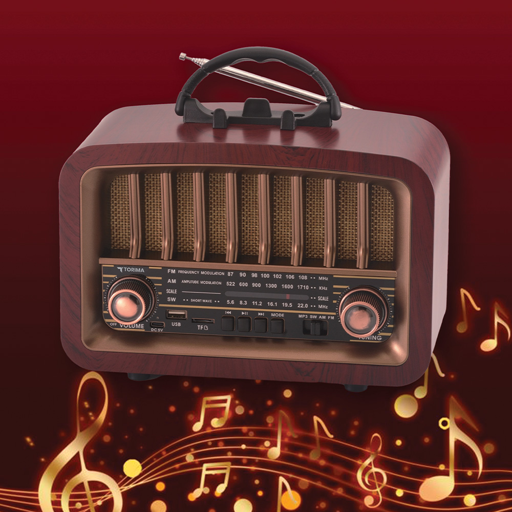 Bir tutamağı ve anteni olan eski ahşap bir radyo. Müzik notaları radyonun etrafında süzülüyor. Ses ve ayarlama düğmeleri var.