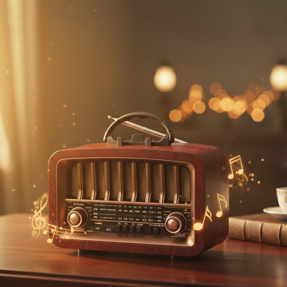 Masada duran ahşap bir eski radyo. Etrafında müzik notaları uçuşuyor. Yumuşak aydınlatma ve bir fincanla bulanık arka plan.