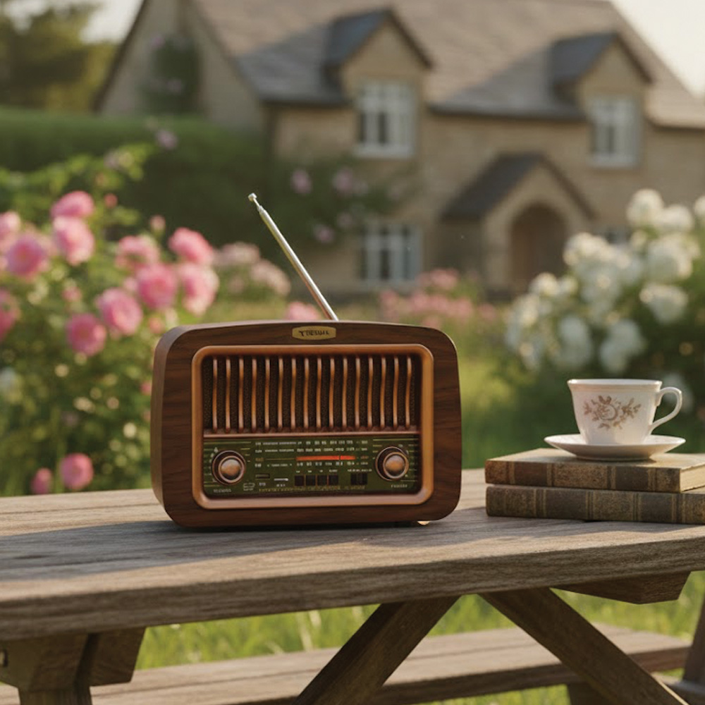 Ahşap radyo, çay fincanı ve piknik masasında kitaplar. Arka planda çiçekler ve bir ev. Güneşli bir gün.