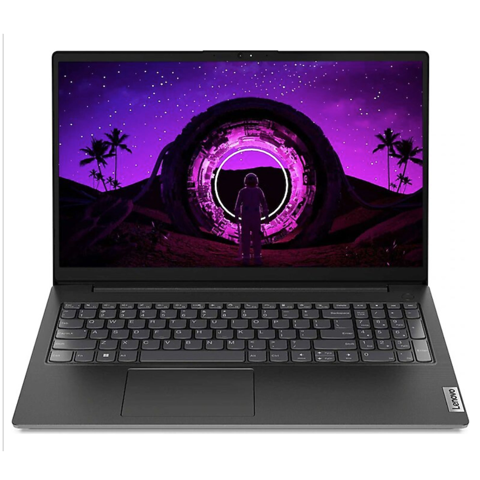 Bir Lenovo dizüstü bilgisayar, bir portalın önünde bir astronotla uzay sahnesi ve tam bir klavye görüntülüyor.