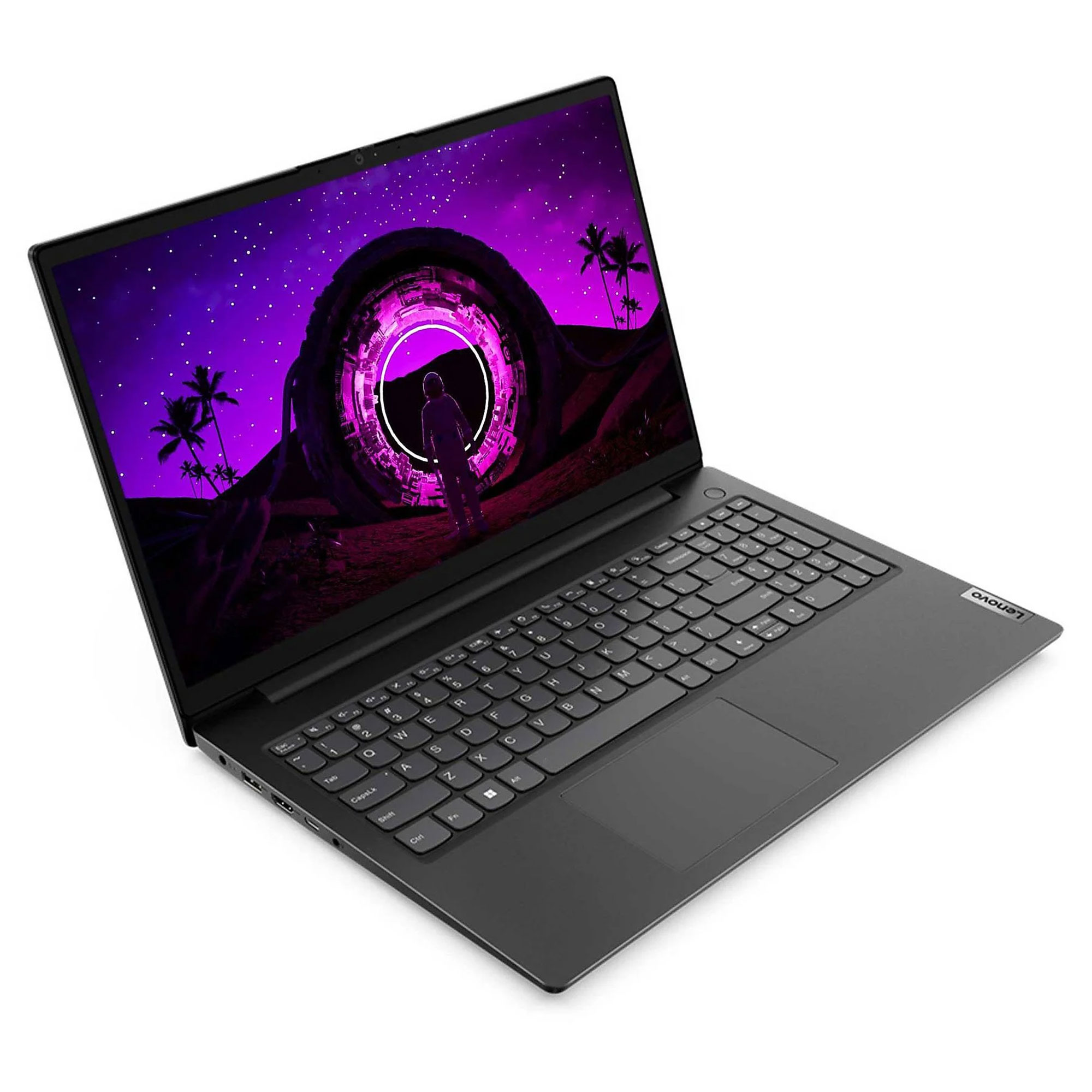 Siyah bir Lenovo dizüstü bilgisayar, bir kişi ve palmiye ağaçlarıyla mor bir uzay sahnesi gösteriyor. Klavye görülebilir.
