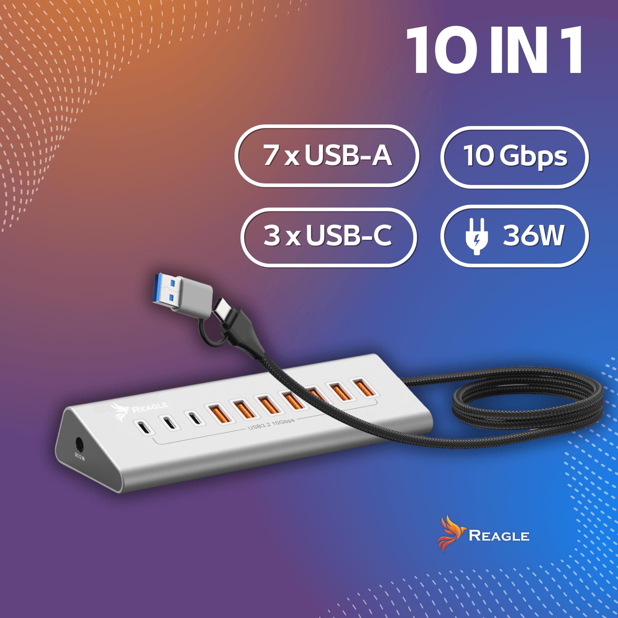 Srebrny hub USB z 10 portami, w tym USB-A i USB-C. Ma podłączony kabel i markę Reagle.