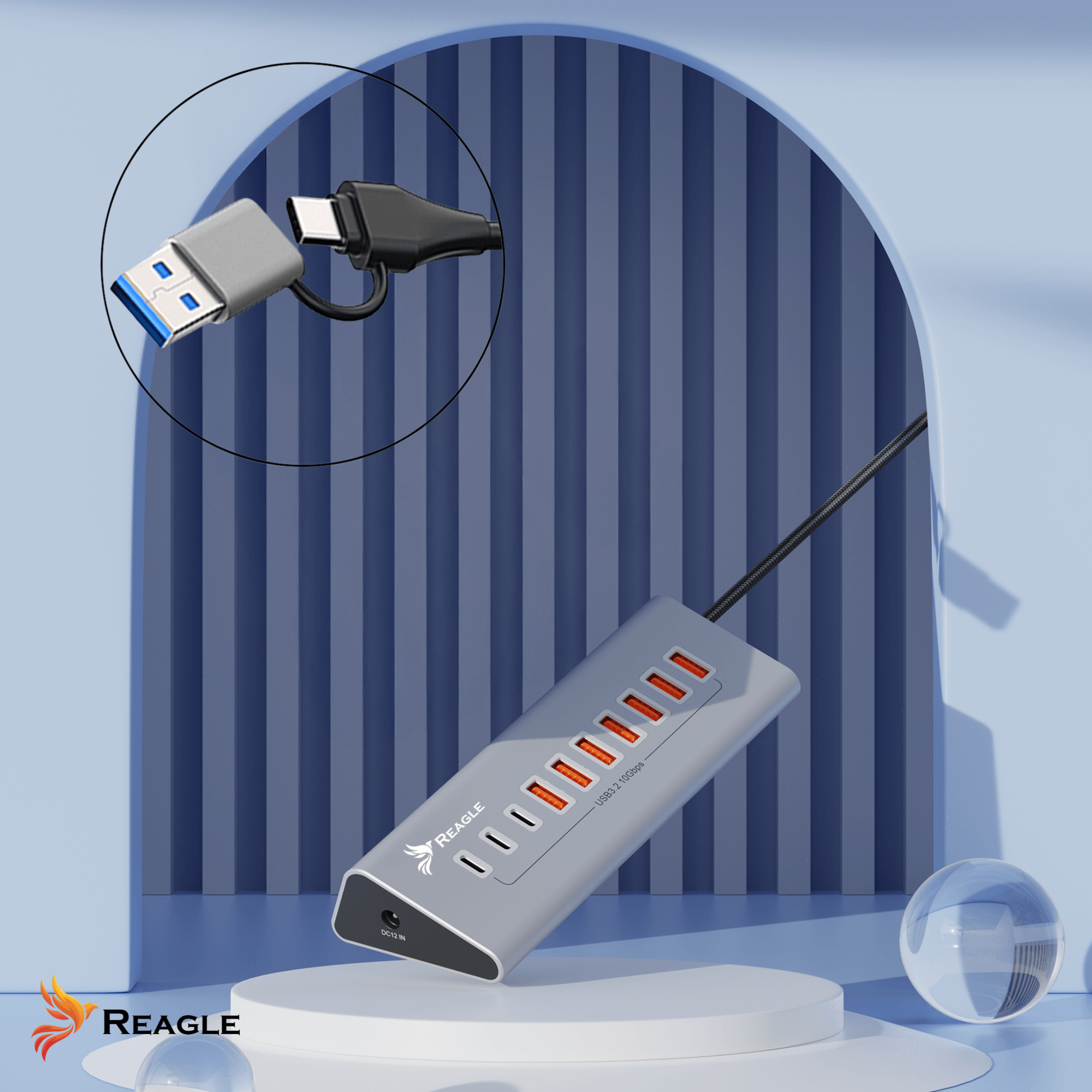 Szary hub USB z kilkoma portami, kablem USB-A i USB-C w okręgu oraz szklaną kulą.