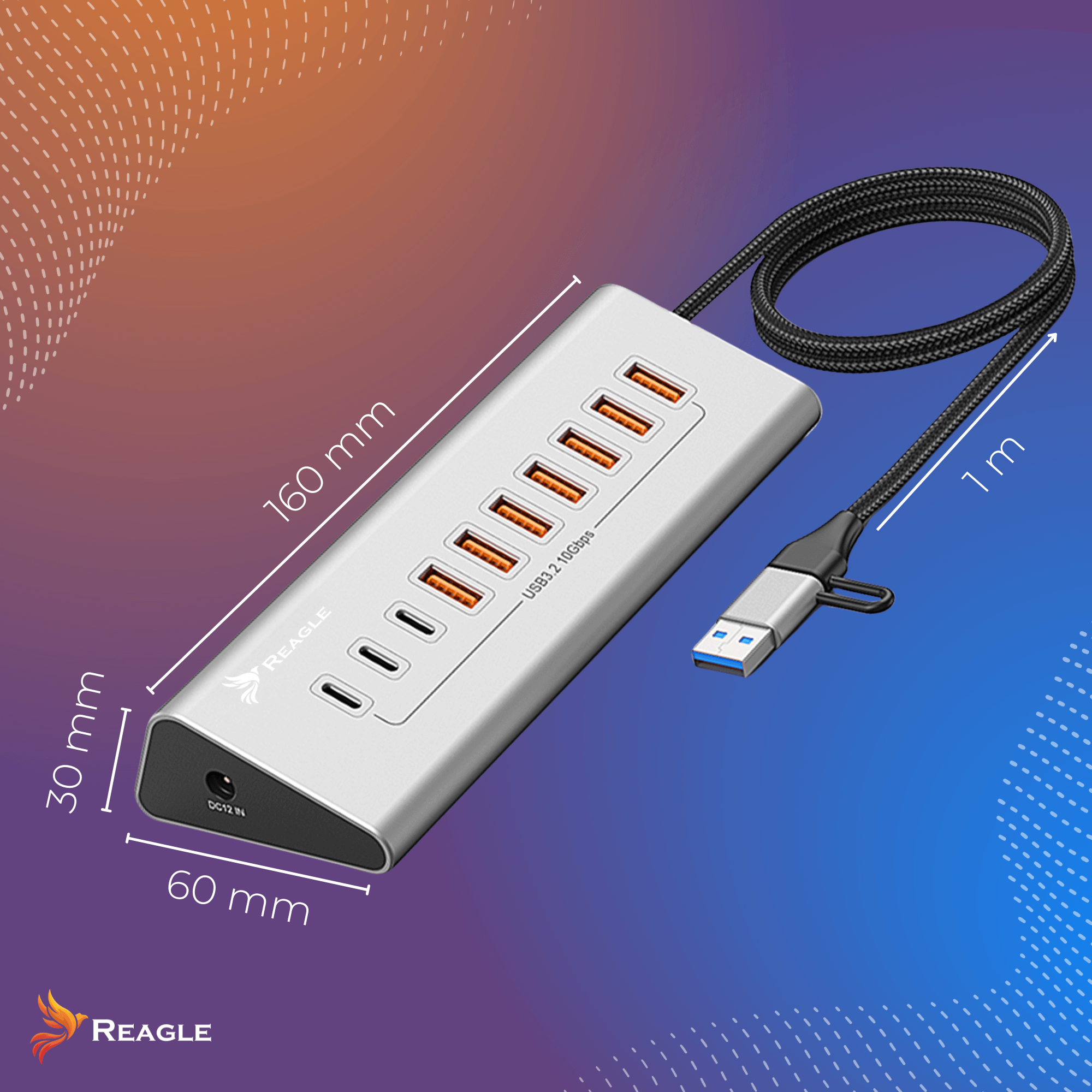 Srebrny hub USB z wieloma portami, czarnym kablem i złączem USB. Wymiary są wyświetlane z etykietami.