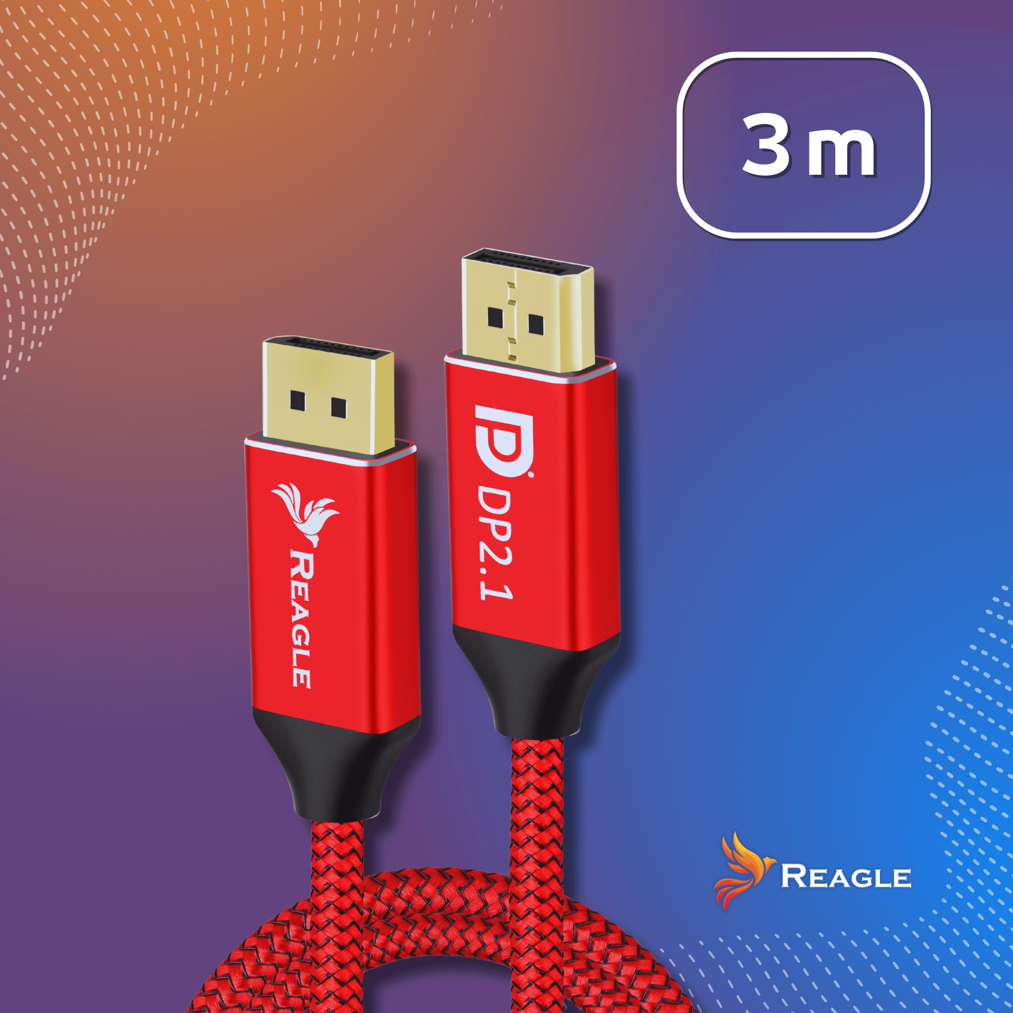 Dwa czerwone kable Reagle DP2.1 ze złotymi złączami. Nad nimi znak 3 m. Kable mają pleciony czerwony przewód.