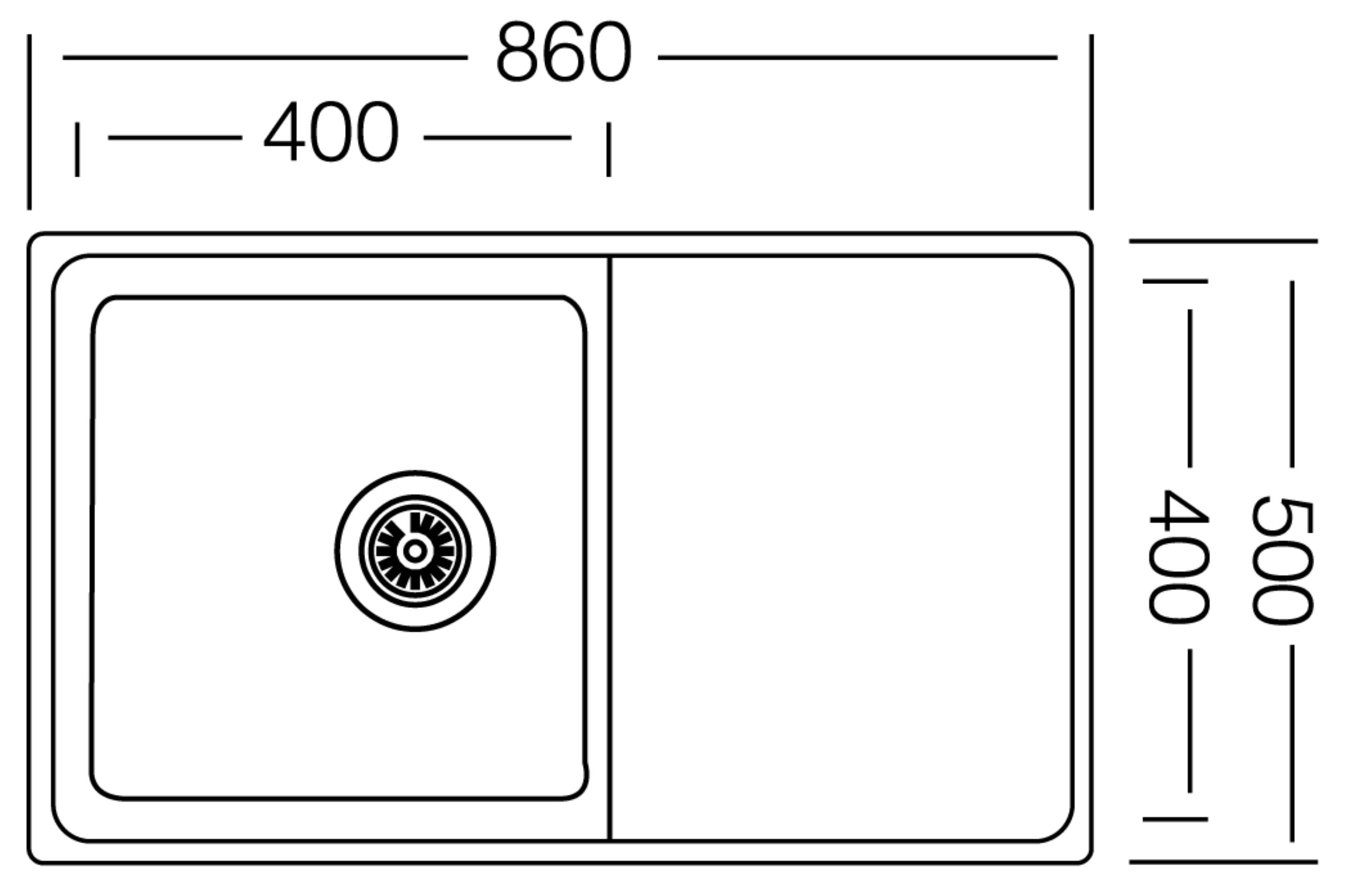 Disegno tecnico di un lavello doppio con dimensioni. Il bacino sinistro ha uno scarico.