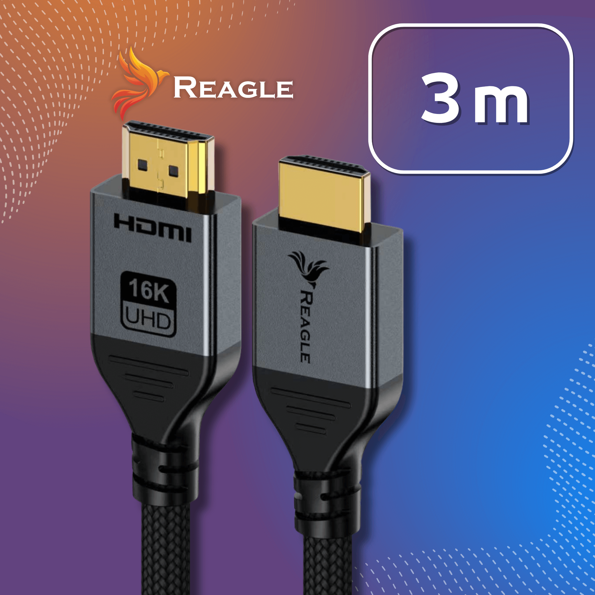 Dwa czarne kable HDMI ze złotymi złączami. Widoczna marka REAGLE. Znak mówi '3 m'.
