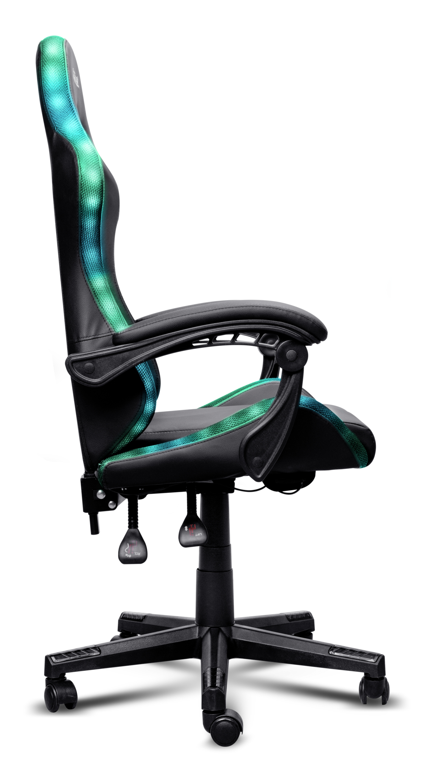 Zwarte gamingstoel met groene en blauwe accenten. Op witte achtergrond. Met wielen en verstelbare armleuningen.
