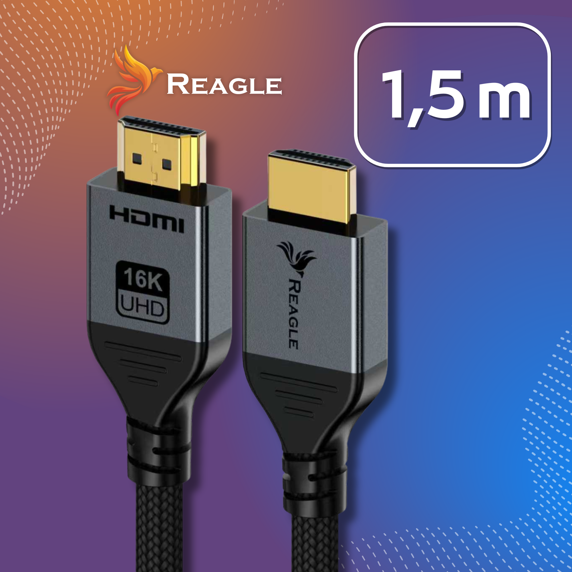 Dwa kable HDMI ze złotymi złączami. Lewy ma napis '16K UHD' i 'HDMI'. Tło ma znak '1,5 m'.
