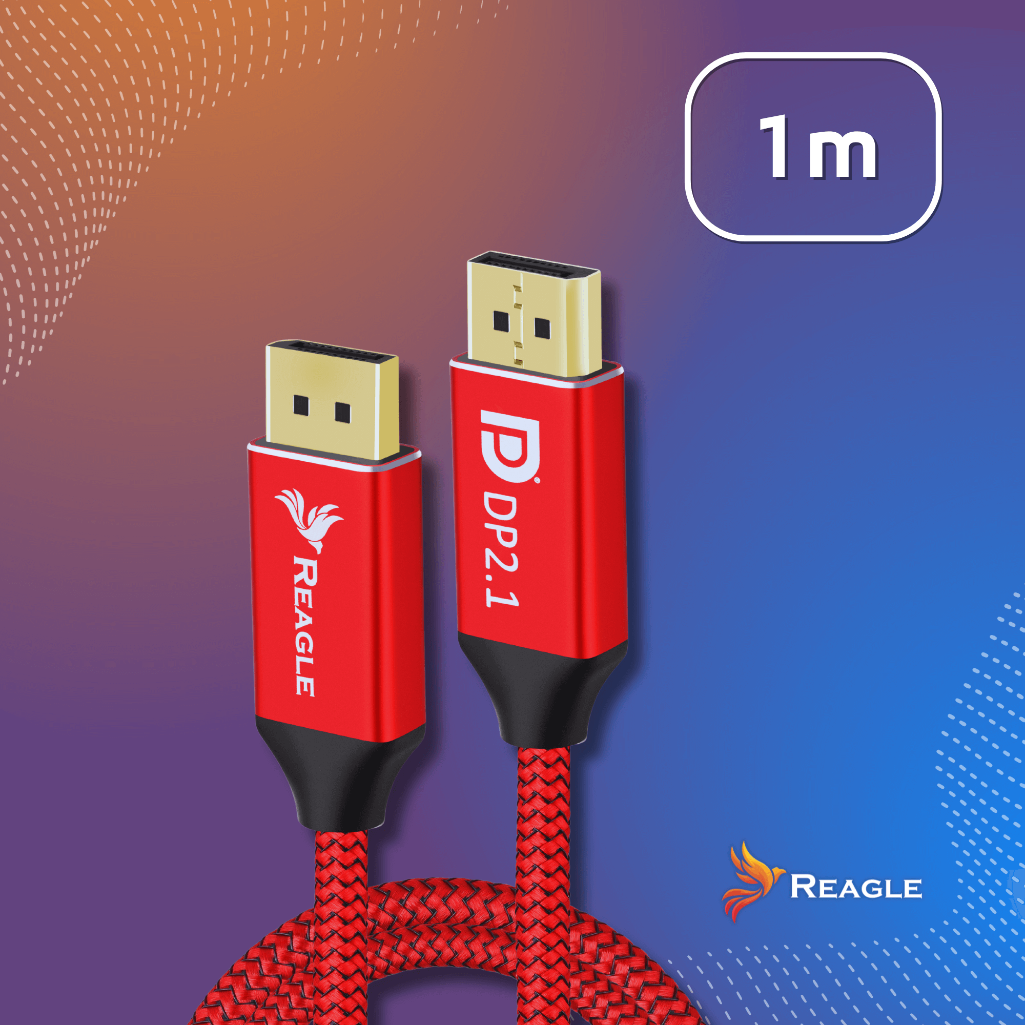 Dwa czerwone kable HDMI ze złotymi złączami. Kable oznaczone 'Reagle' i 'DP2.1'. Znak '1m' na górze.