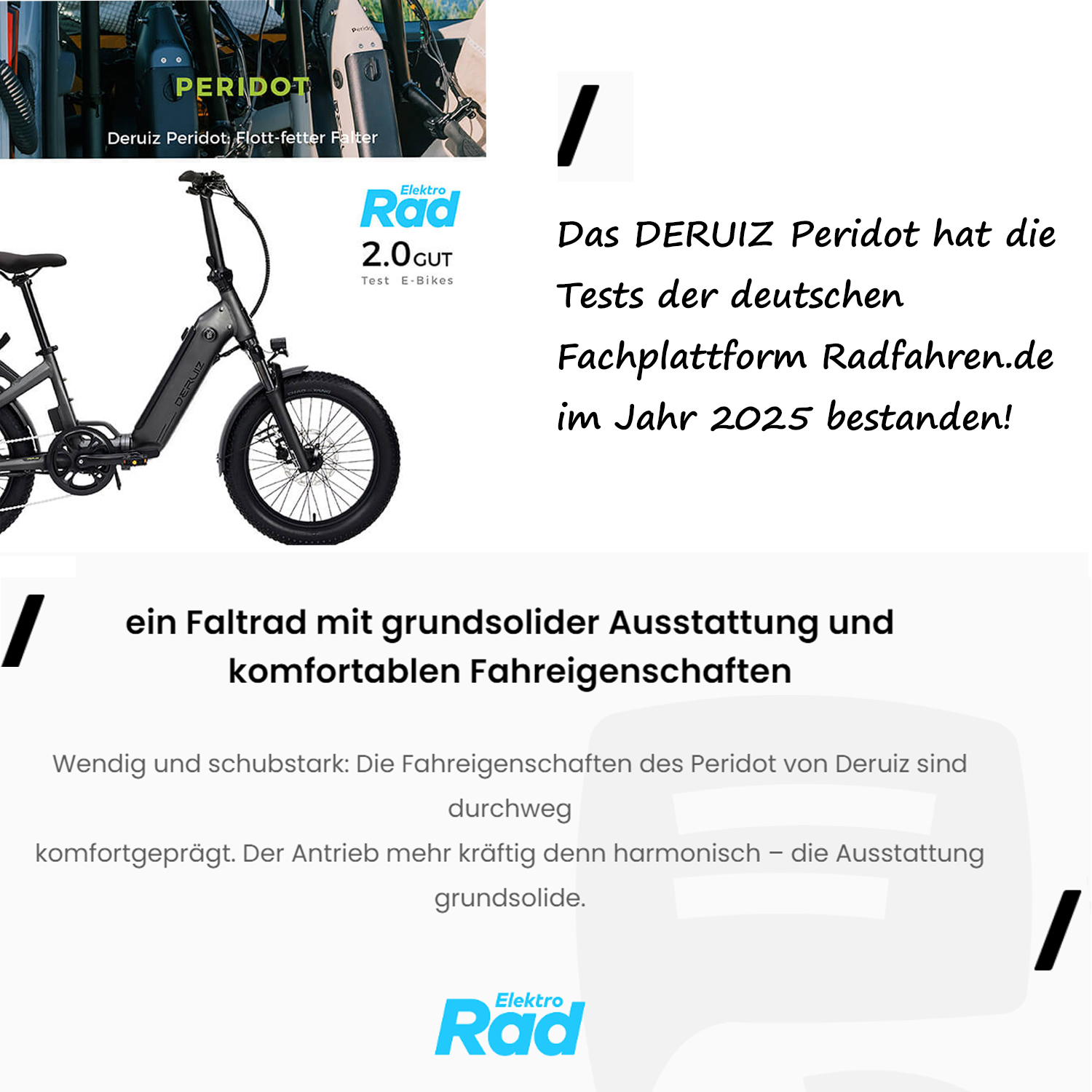 Ein Faltrad, Peridot von Deruiz, mit dem Elektro Rad Logo und Text über Tests im Jahr 2025. Text auf Deutsch.