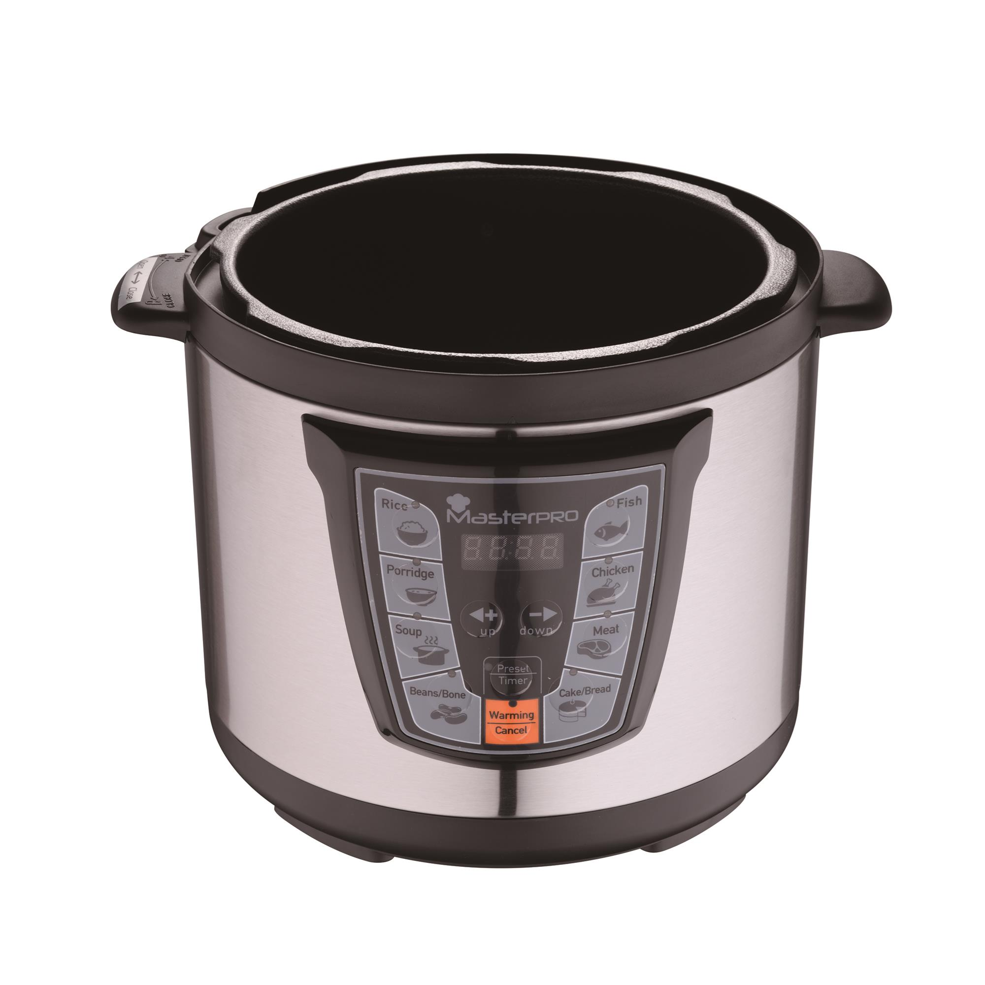 Una olla de cocción múltiple MasterPRO de acero inoxidable. Tiene una pantalla digital y botones para cocinar.