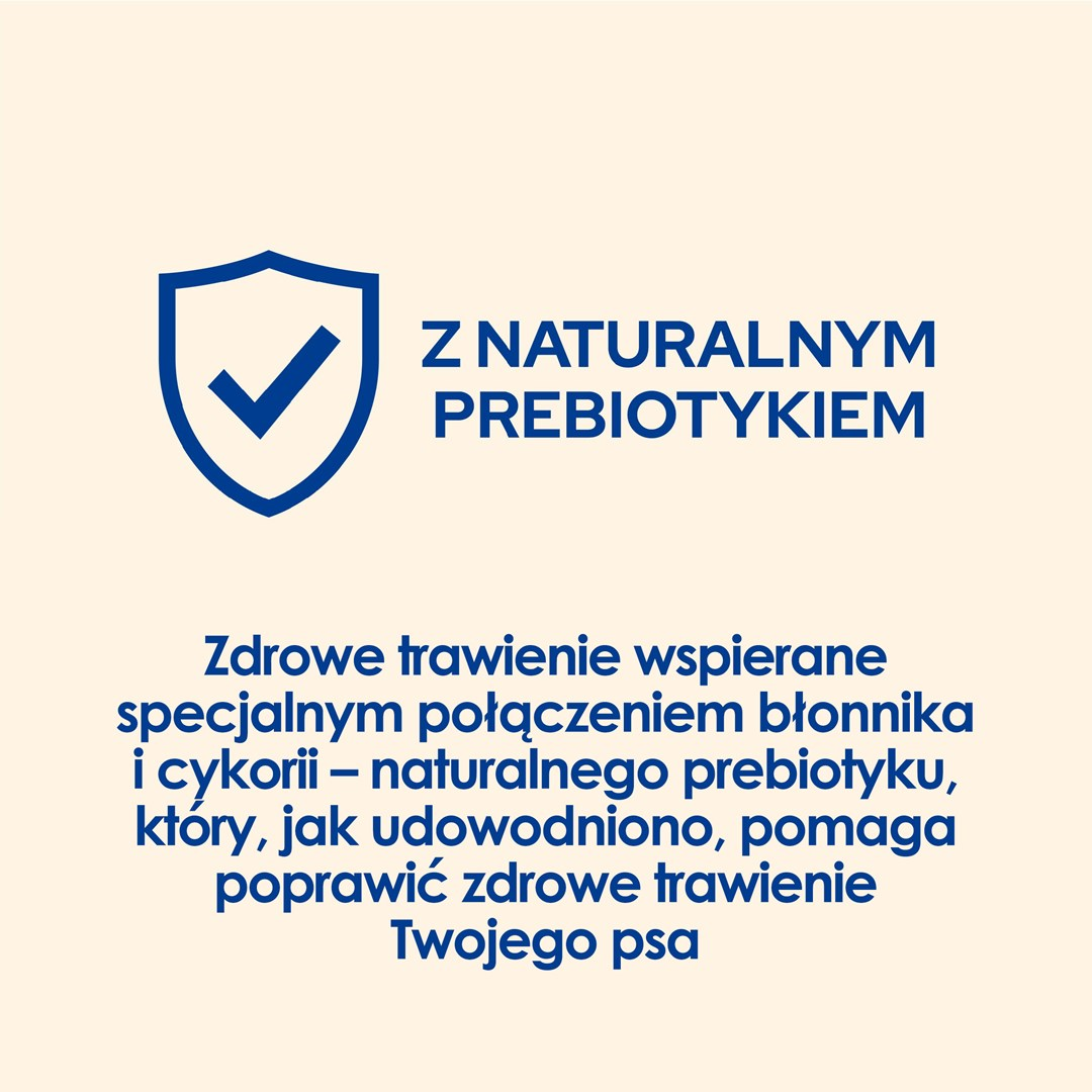 Obraz z tekstem w języku polskim. Reklamuje produkt zawierający prebiotyki, który wspiera zdrowe trawienie psów.