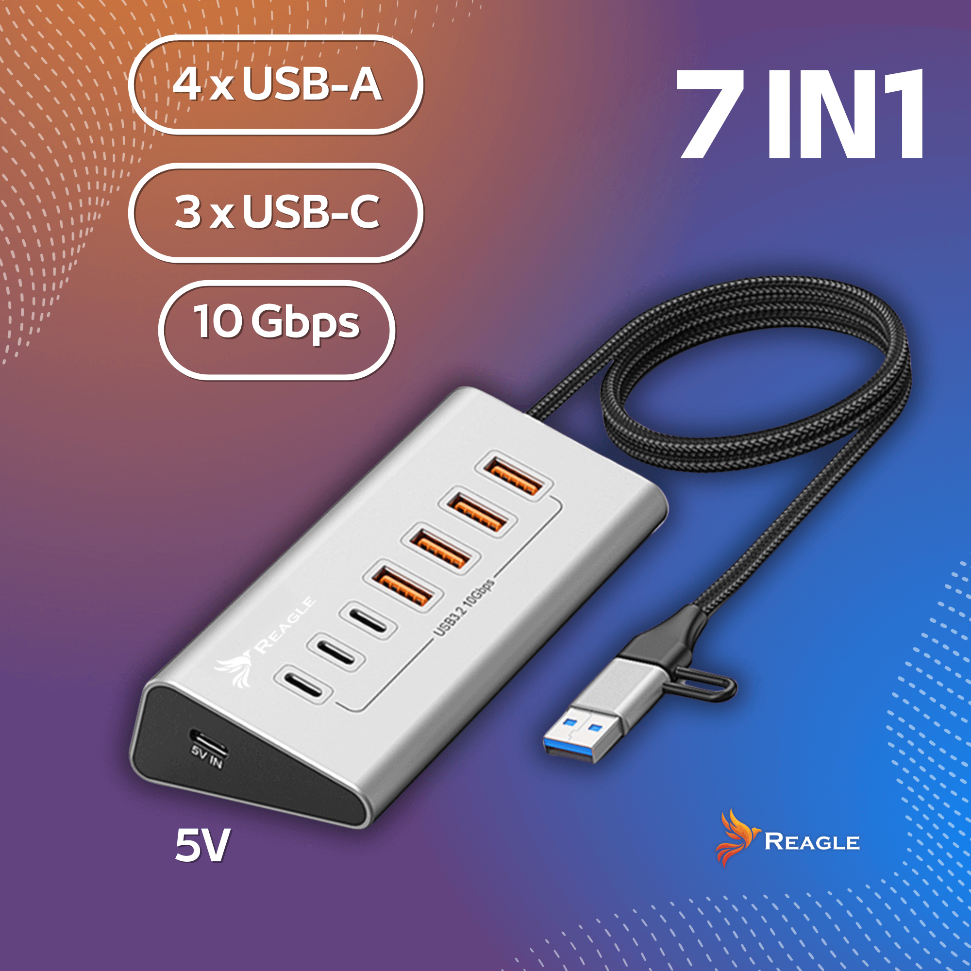 Srebrny hub USB 7 w 1 z 4 USB-A, 3 USB-C i kablem USB. Tekst pokazuje 10 Gbps i 5V.
