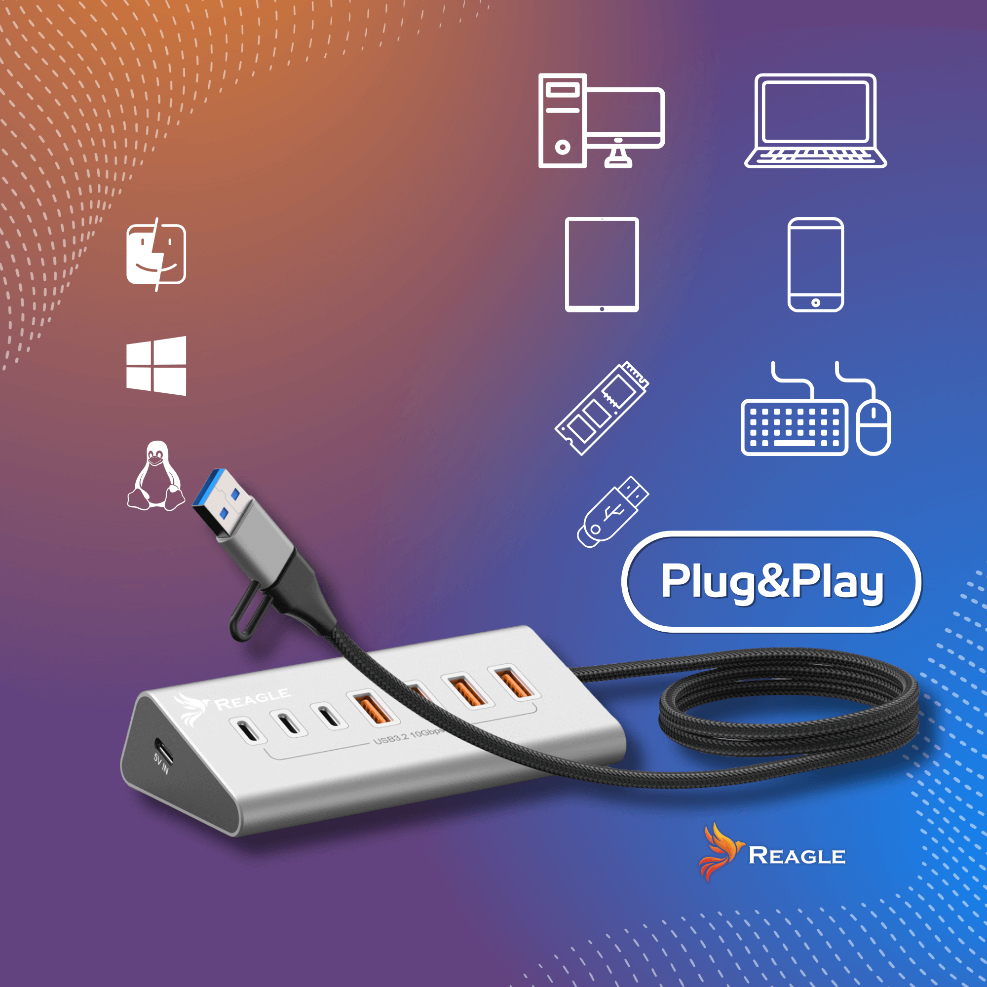 Srebrny hub USB z wieloma portami, kablem i tekstem 'Plug&Play'. Ikony urządzeń, takich jak komputer PC, laptop i telefon.