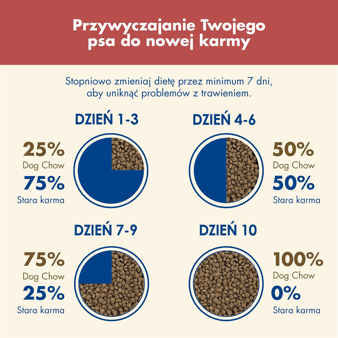 Infografika pokazująca plan przejścia na karmę dla psów w ciągu 10 dni. Zawiera procenty nowej i starej karmy.